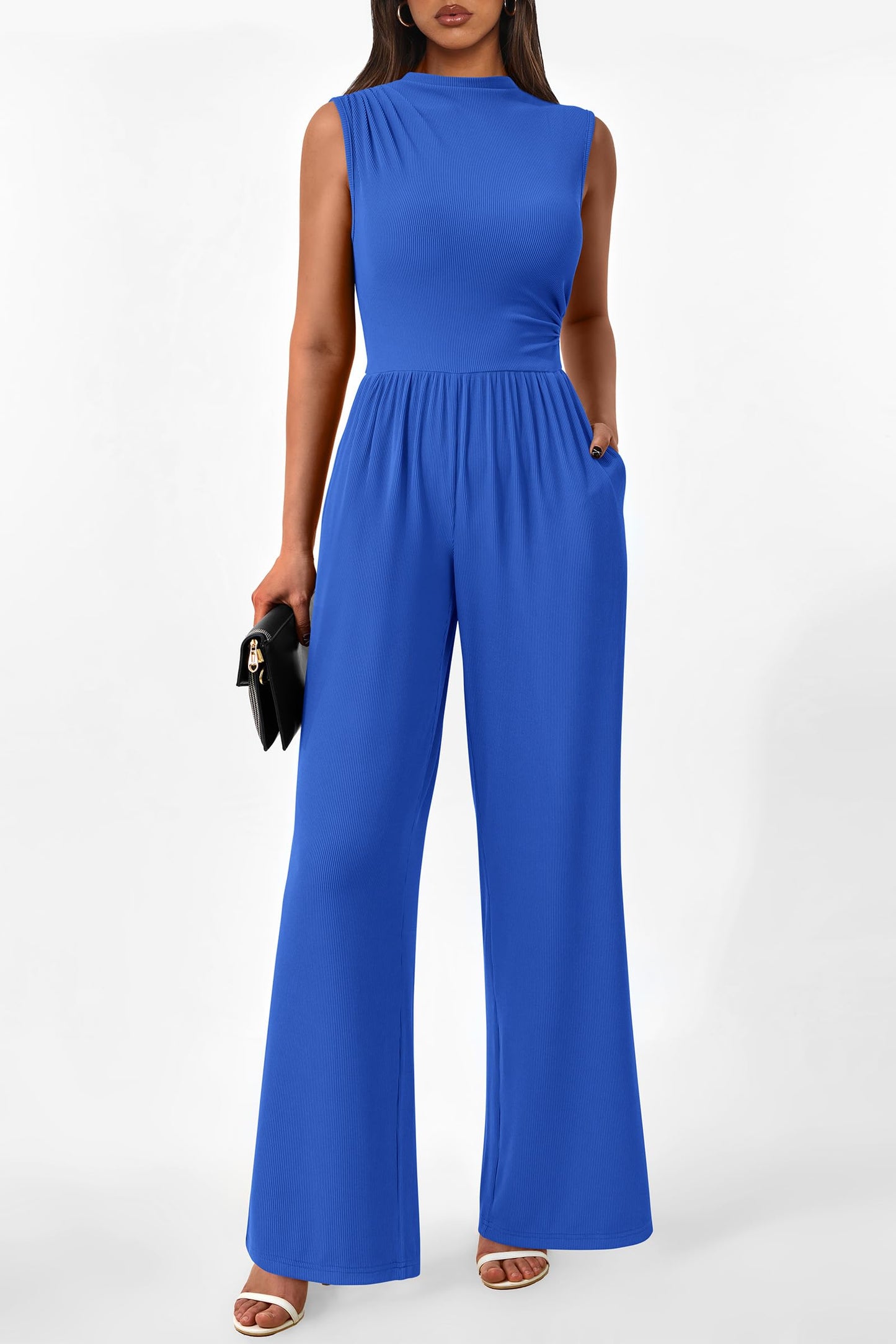 PRETTYGARDEN Womens Summer Jumpsuits Dressy Casual One Piece Outfits Sleeveless Mock Neck Wide Leg Pants Rompers with Pockets (Style2-Blue,Small)