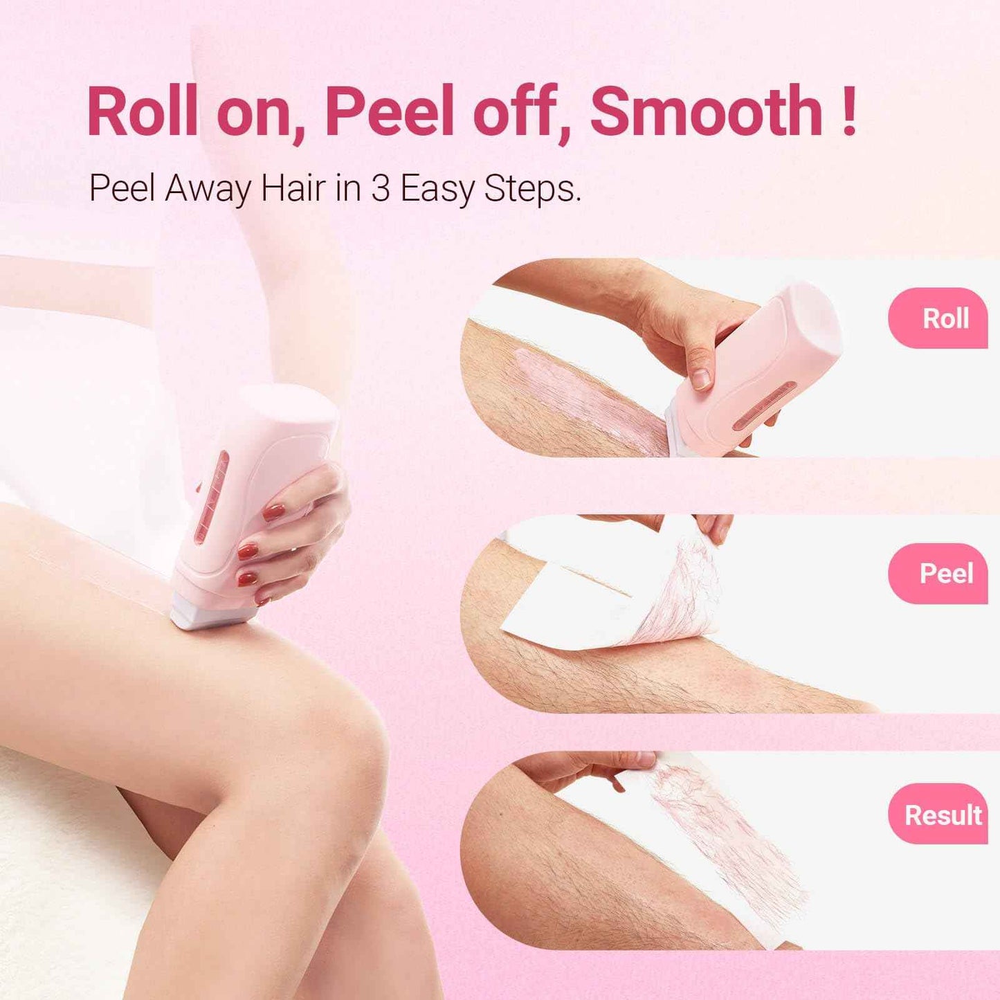 Waxpro Roll On Wax Kit for Women - Easy to Use - At-Home Hair Removal for Body (Arms & Legs) with 2 Honey Wax Roller Cartridges & 50 Strips (Pink)