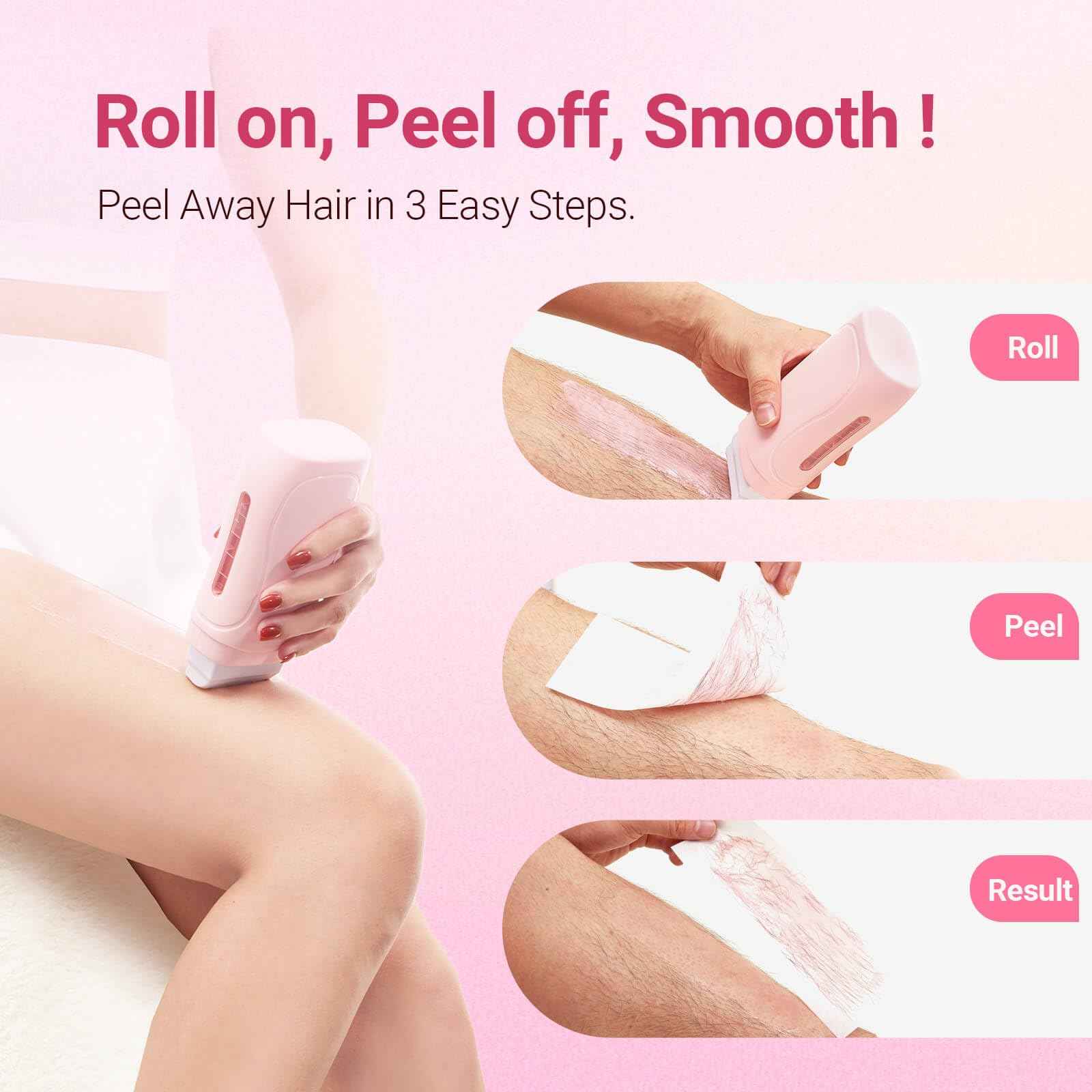 Waxpro Roll On Wax Kit for Women - Easy to Use - At-Home Hair Removal for Body (Arms & Legs) with 2 Honey Wax Roller Cartridges & 50 Strips (Pink)