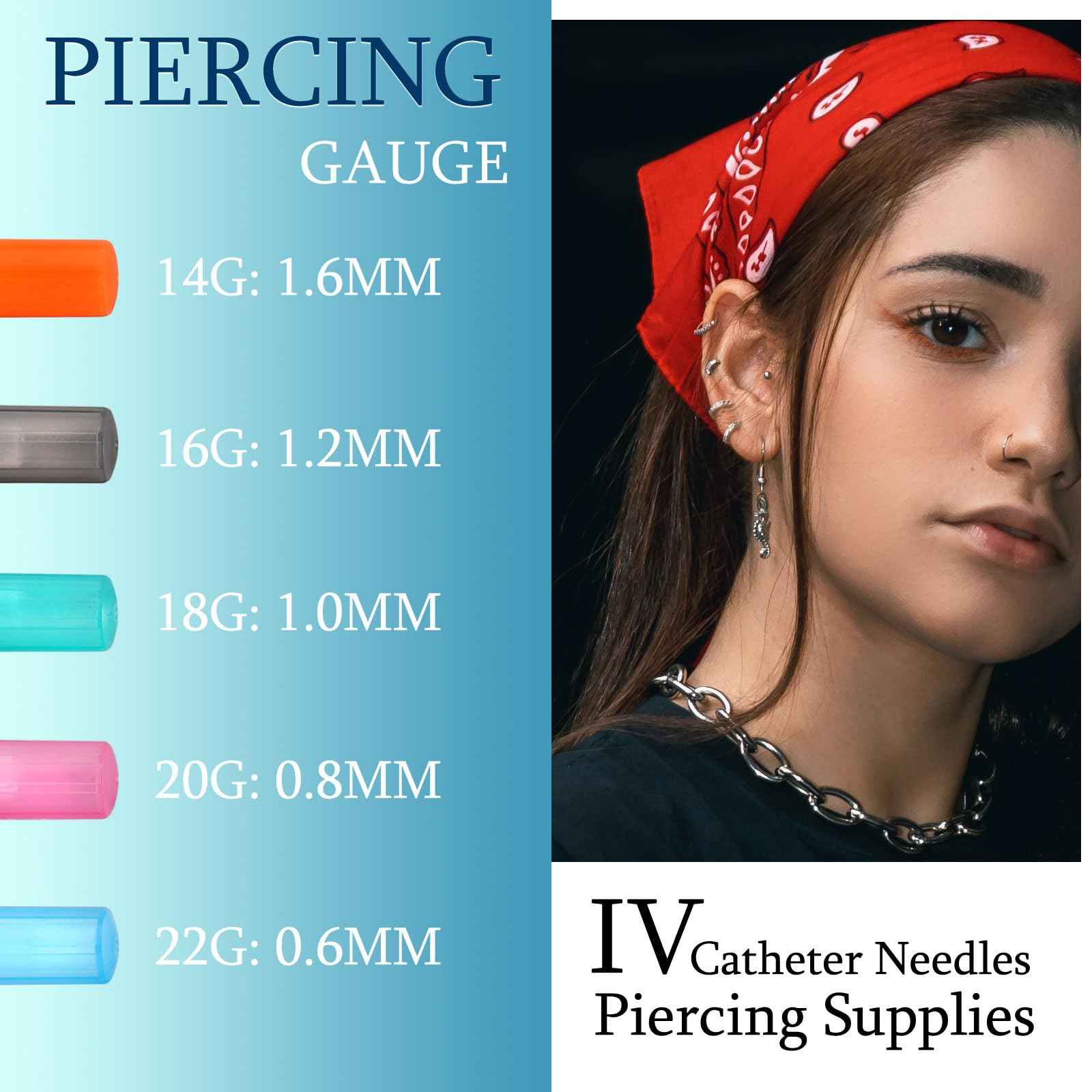 50Pcs Piercing Needles 14g 16g 18g 20g 22g IV Catheter Needles for Ear Nose Lip Tongue Belly Nipple Cartilage Piercings Disposable Stainless Steel Hollow Body Piercing Needles Tool