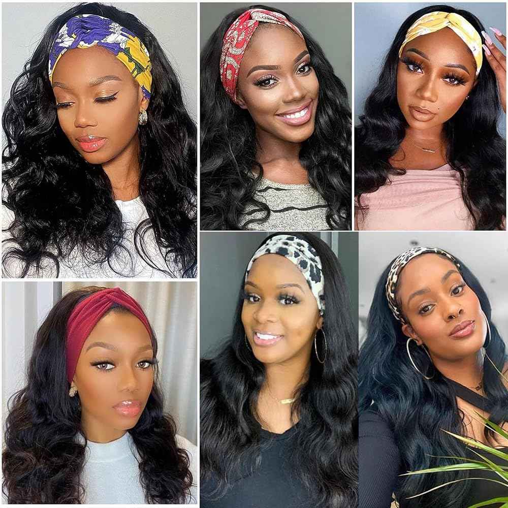 olimaruly Headband Wig Human Hair Body Wave 14 inch None Lace Front Wig Human Hair Machine Made Wigs Glueless Human Hair Headband Half Wigs for Black Women 150% Density Natural Color