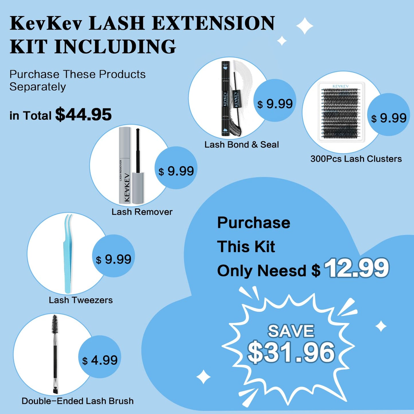 KevKev Lash Extension Kit 300Pcs Lash Clusters Kit DIY Eyelash Extension Kit with Lash Bond and Seal Eyelash Remover Lash Applicator Wispy Lashes Look Like Extensions (60D+70D+80D, D-10-18mix)