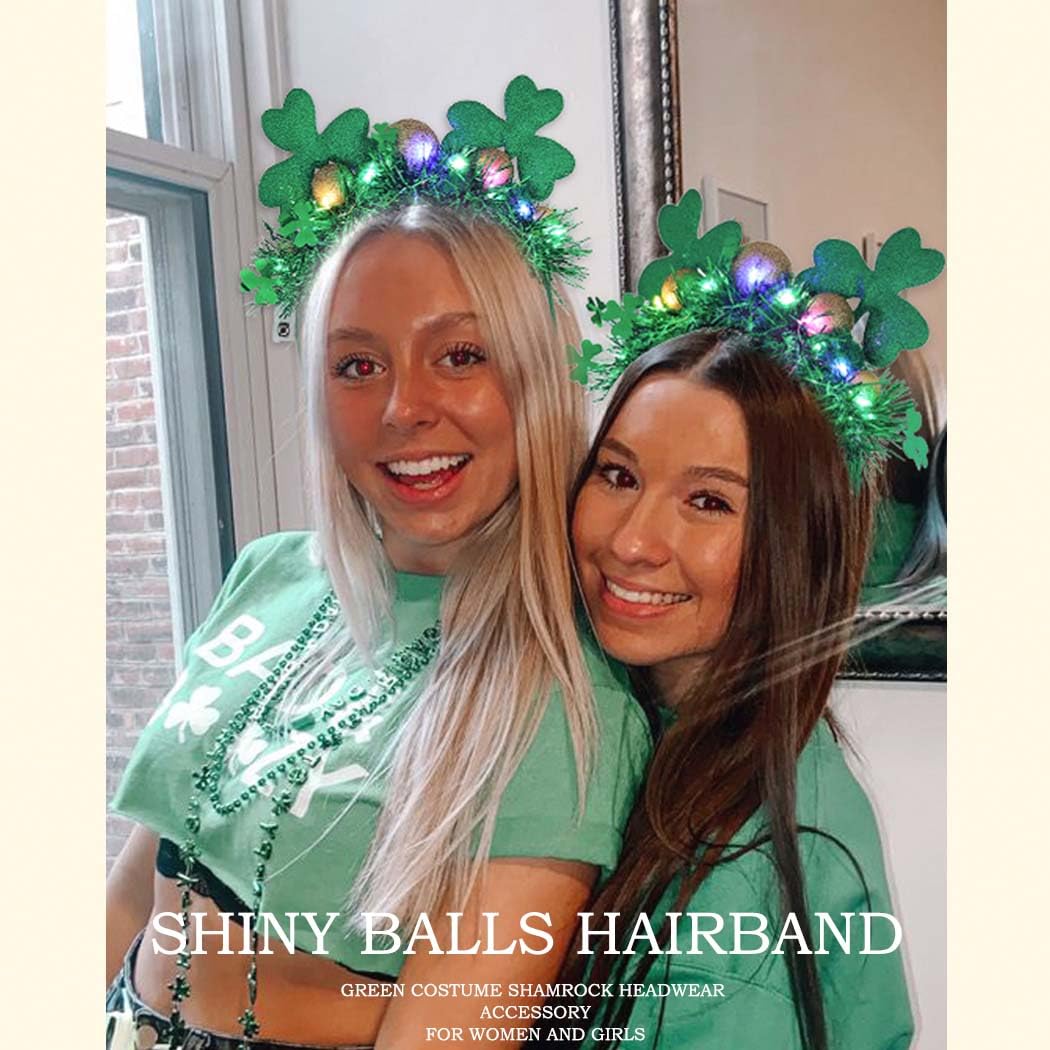 Aceorna Light Up St Patricks Day Headbands Led Green Mouse Ear Hairbands Clover Bow Hair Hoop Foil Irish Headpiece for Women (C)