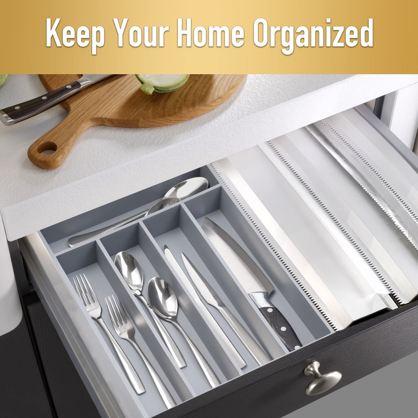 Besilord Silverware Organizer Kitchen Drawer Organizer Utensil Organizer Bamboo Silverware Holder Cutlery Organizer in Drawer Flatware Organizer Tray(5 slots, Gray