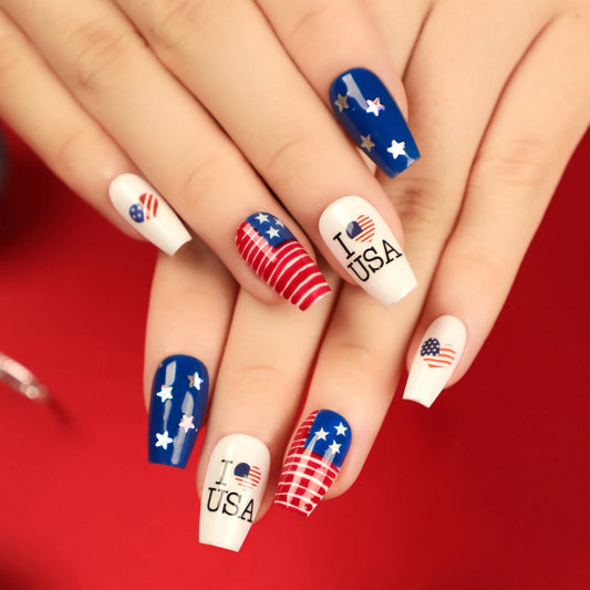 24Pcs 4th of July Press on Nails Medium Coffin Fake Nails Glossy Red Blue American Flag Glue on Nails Independence Day Patriotic False Nails with Star Heart Design Artificial Nails for Women and Girls