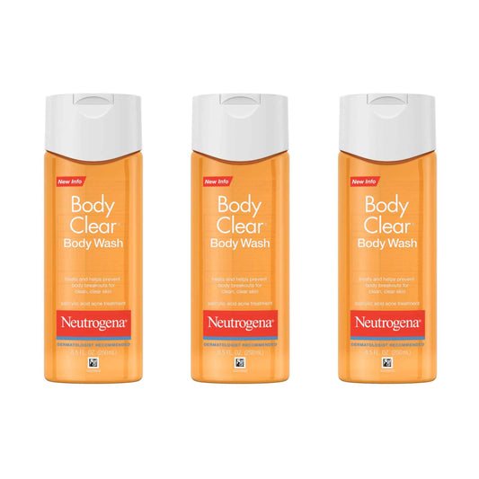 Neutrogena Body Clear Acne Body Wash, 2% Salicylic Acid Acne Medication, Oil-Free & Glycerin for Breakouts on Back, Chest & Shoulders, Non-Comedogenic, Gentle on Skin, Unscented, 8.5 Fl Oz, 3 Pack†