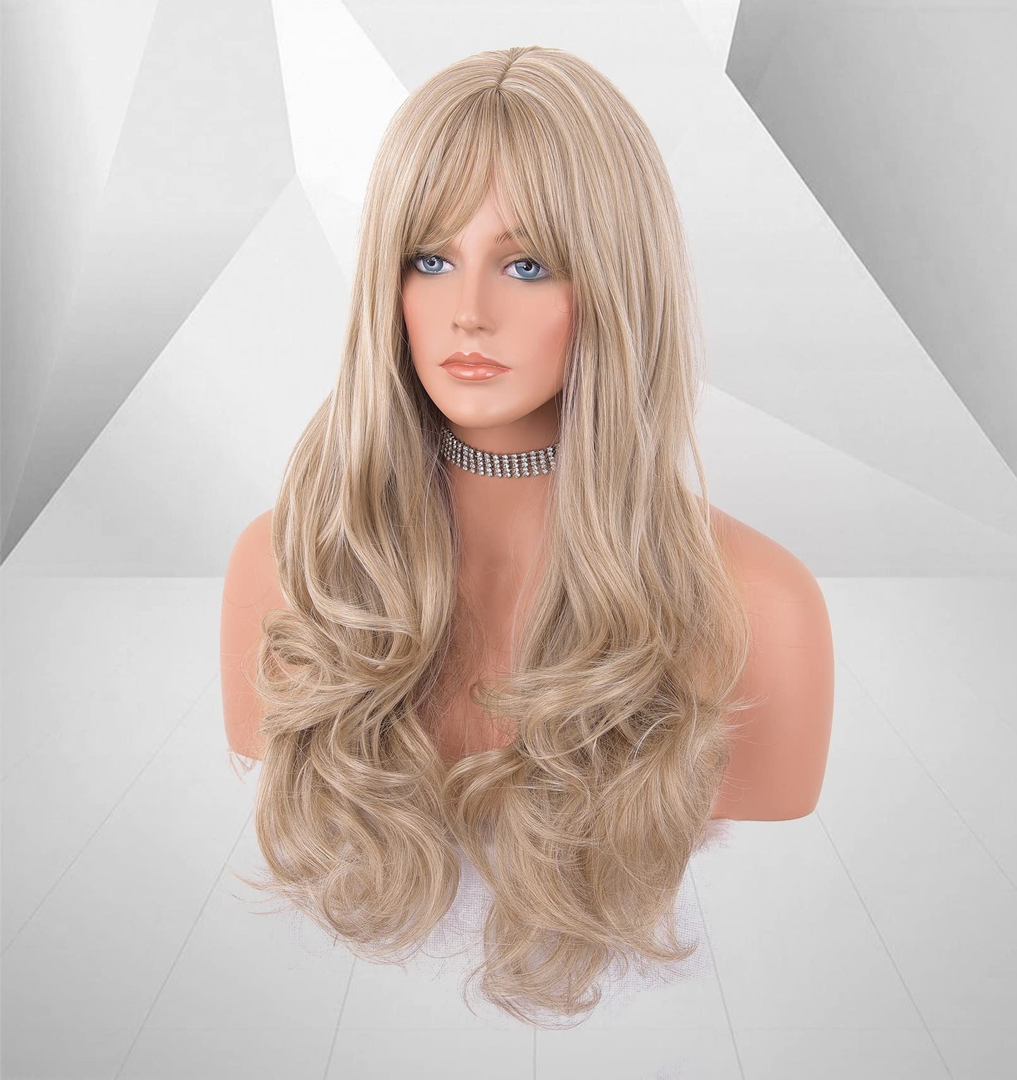 LANOVA Ash Blonde Wigs with Fringe Synthetic Hair Blonde Wigs for Women Natural Looking Wavy Wigs Shoulder Length Synthetic Wigs Mixed Brown Hair 20 inch LANOVA-129