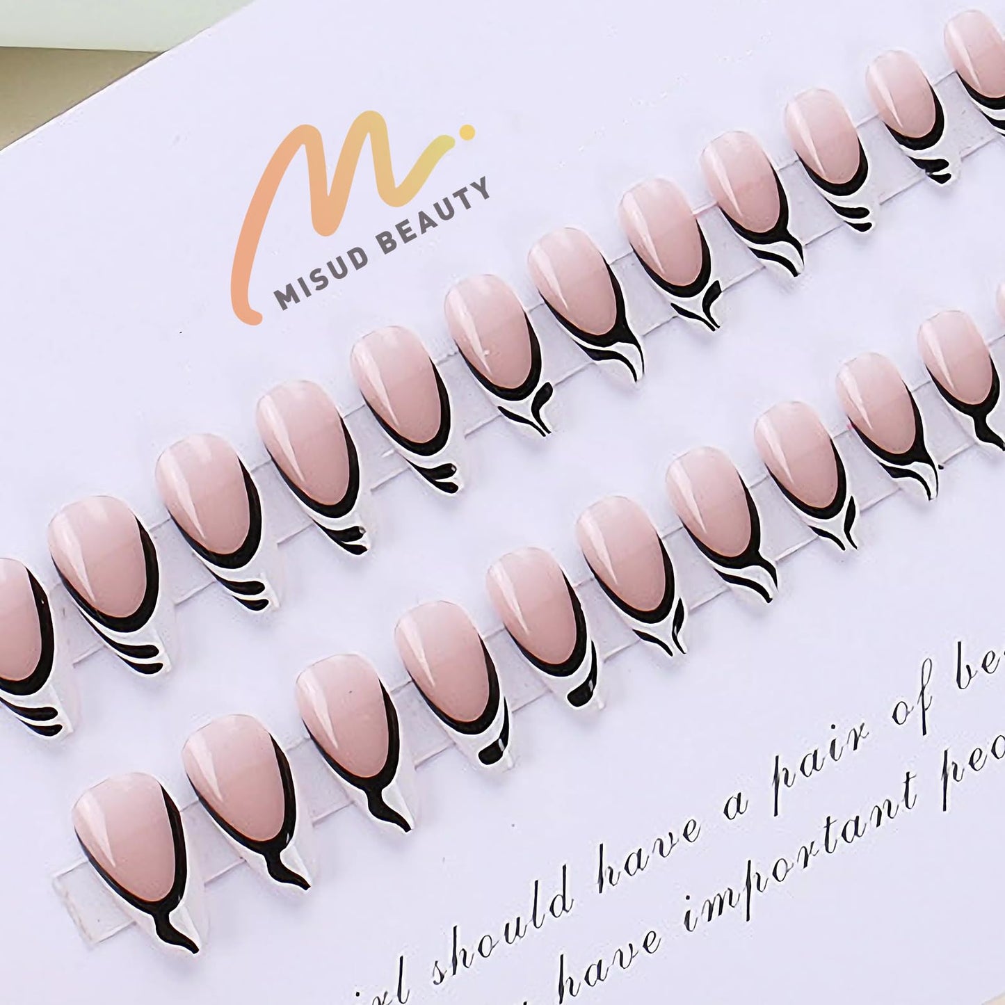 MISUD Press on Nails Medium Almond Fake Nails Glossy Glue on Nails Black White Swirl Acrylic Nails Stiletto Artificial Nails French Tip Stick on False Nails with Design 24 pcs