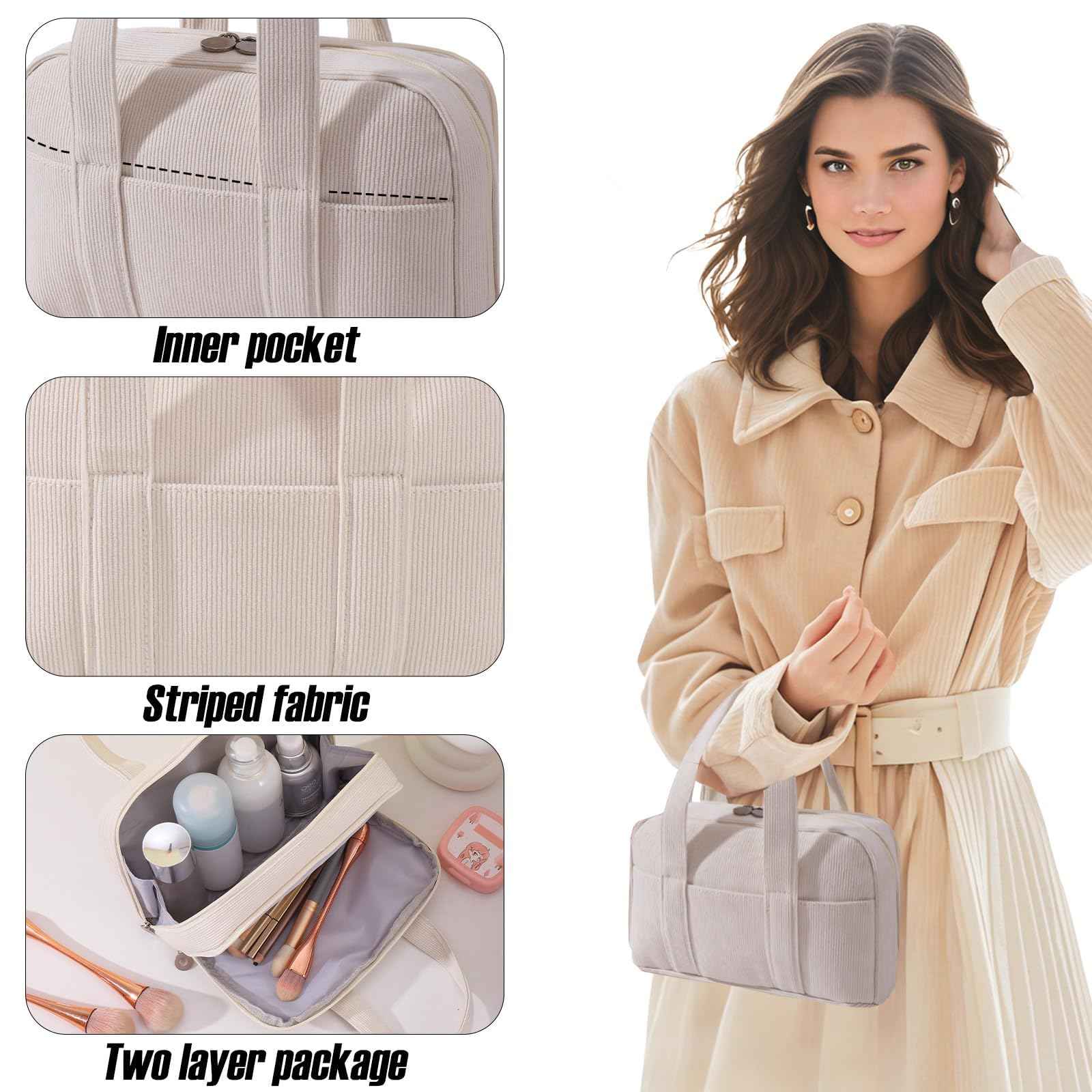 LYDZTION Makeup Bag, Makeup Organizer Small Travel Toiletry Bags for Women, Cosmetic Bag Cute Corduroy Makeup Travel Bag, Beige