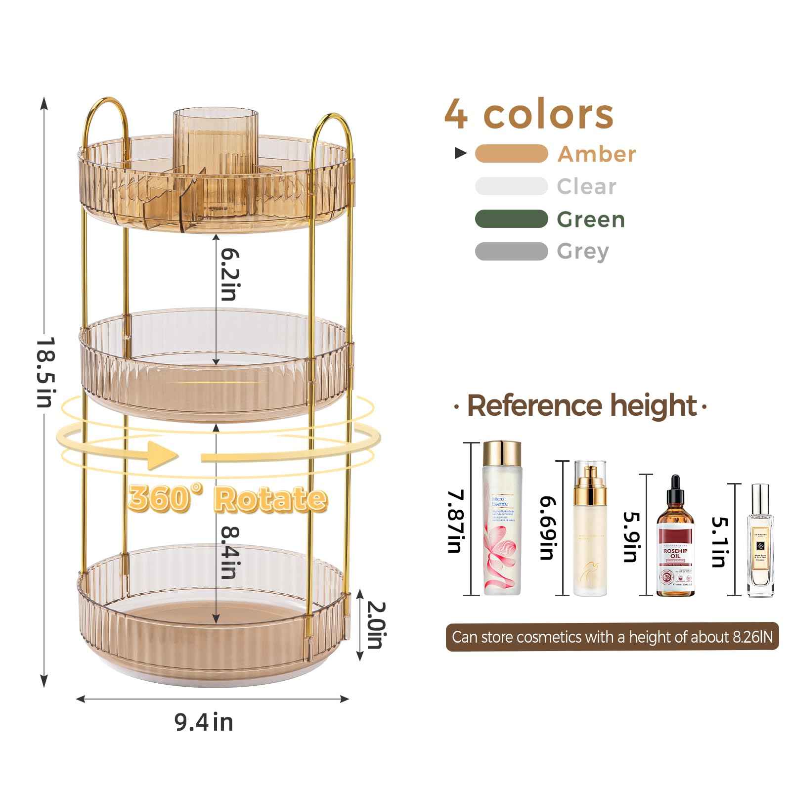360° Rotating Makeup Organizer, Upgraded 3 Tier Skincare Perfume Organizers for Women, Bathroom Organizer Countertop, Clear Cosmetic Dresser Organizer with Makeup Brush Holder, Sink&Counter(Amber)