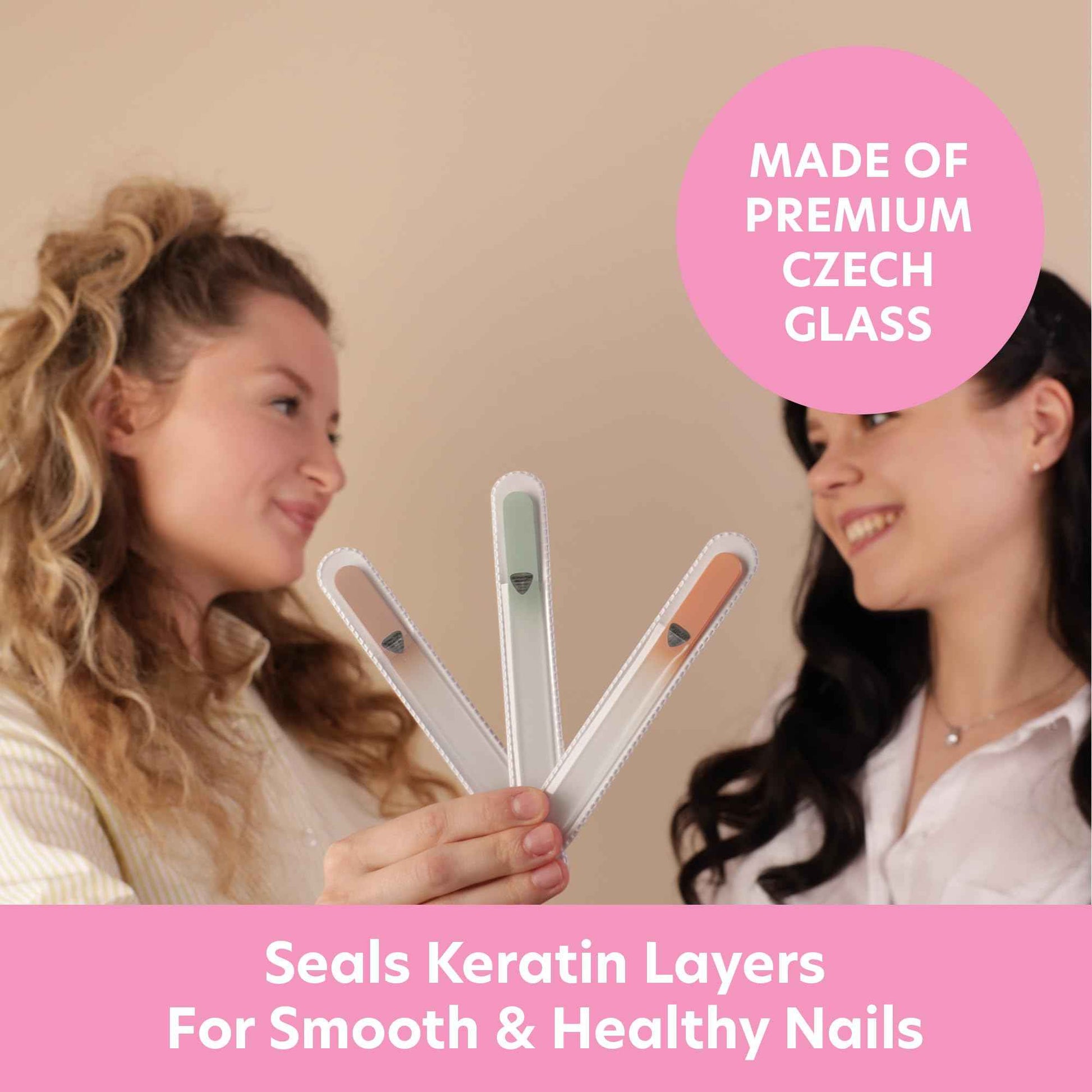 Bona Fide Beauty Value Bundle: 1Pc Pink Czech Glass Cuticle Pusher & 3 Pc Muted Glass Nail Files with Sleeves