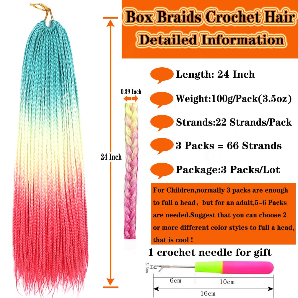 Box Braids Crochet Hair 24 Inch Prelooped Crochet Hair Extensions Hand Made 3 Packs Twist Crothet Braids Hair for Girls and Women Rainbow Braiding Hair Extensions 22 Strands/Pack (C53)