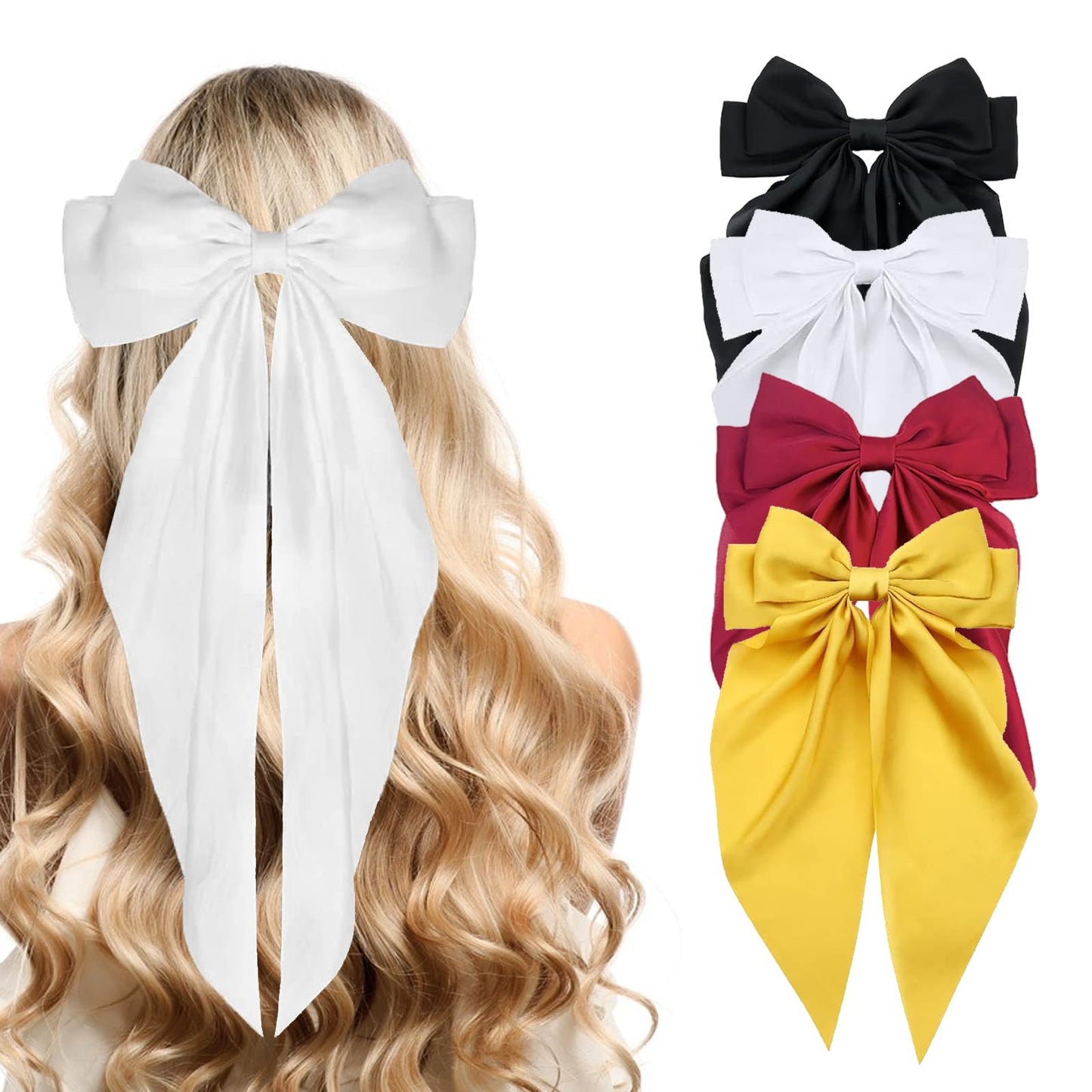 4PCS Oversized Satin Silk Hair Accessories - Long Tail Bowknot Barrettes with Metal Clips for Women in Red, Yellow, Black, White