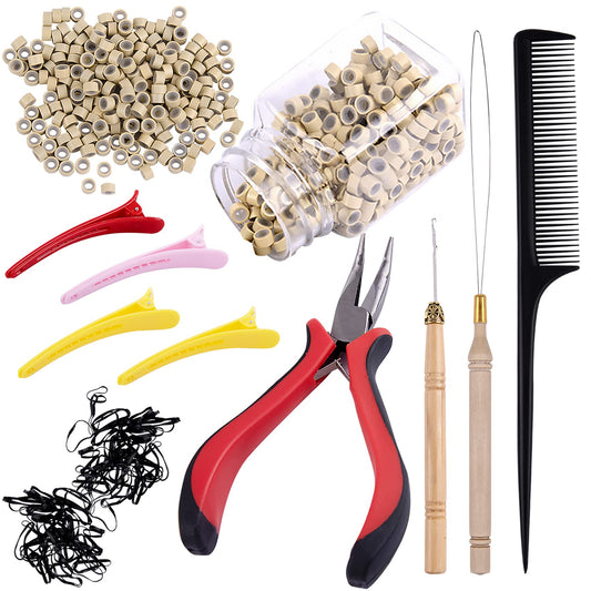 Duufin Hair Extensions Kit 500 Pcs Blonde Micro Ring Beads 1 Micro Beads Plier 2 Hook Needle Pulling Loop 4 Plastic Alligator Hair Clips 1 Comb and 2 Bags Black Mini Rubber Hair Elastic