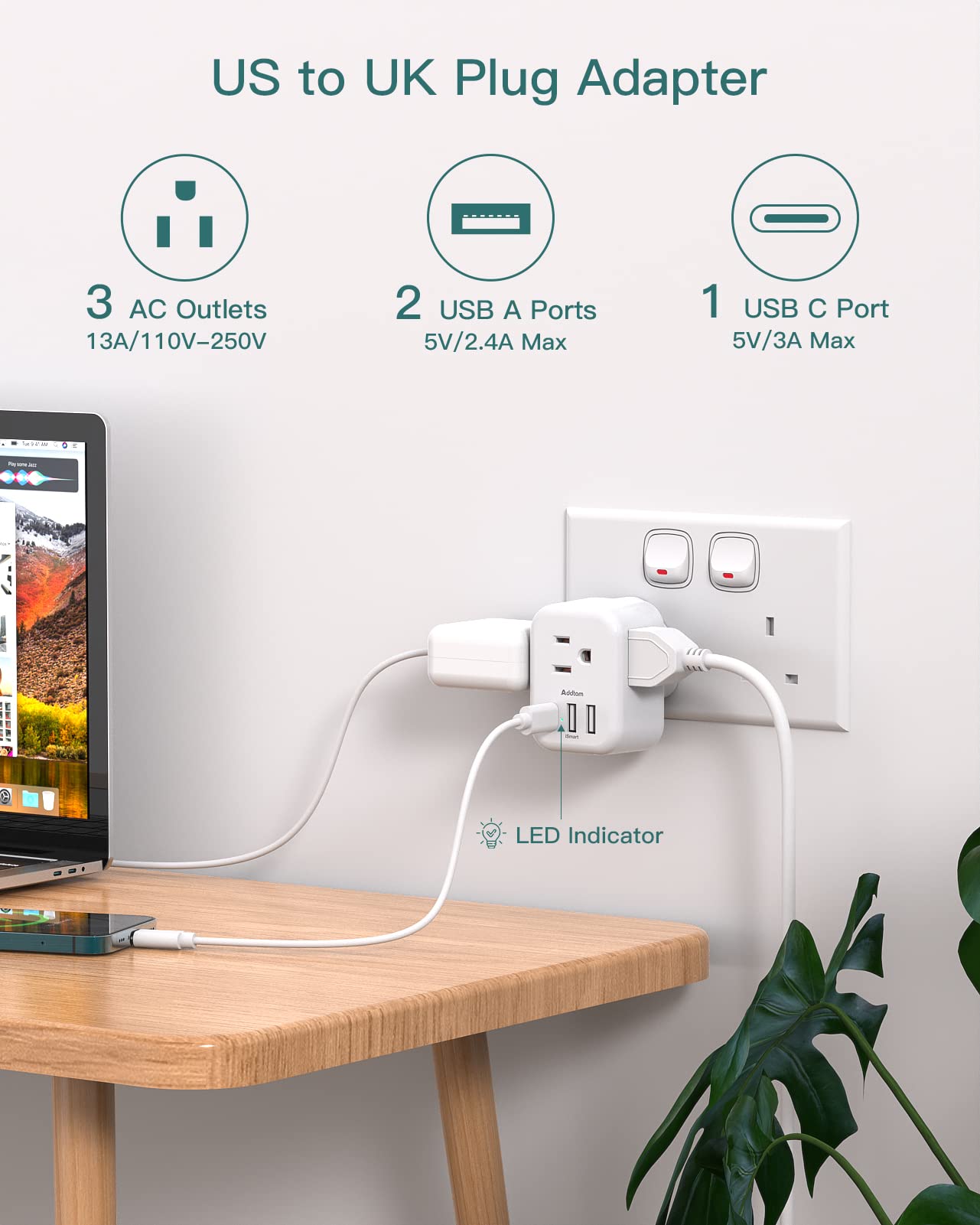 US to UK Ireland Plug Adapter, Addtam Type G Power Adapter with 3 AC Outlets and 3 USB(1 USB C), Travel Essentials for USA to Dubai Scotland British London England Hong Kong Irish