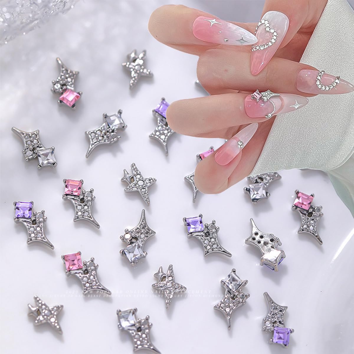 20Pcs Silver Star Nail Charms for Nail Art Crystal Diamond Stars Nail Art Charms Pink Purple Alloy 3D Alloy Star Nail Rhinestone with Gems and Charms Y2K Nail Supplies for Acrylic Nails Decor Crafts