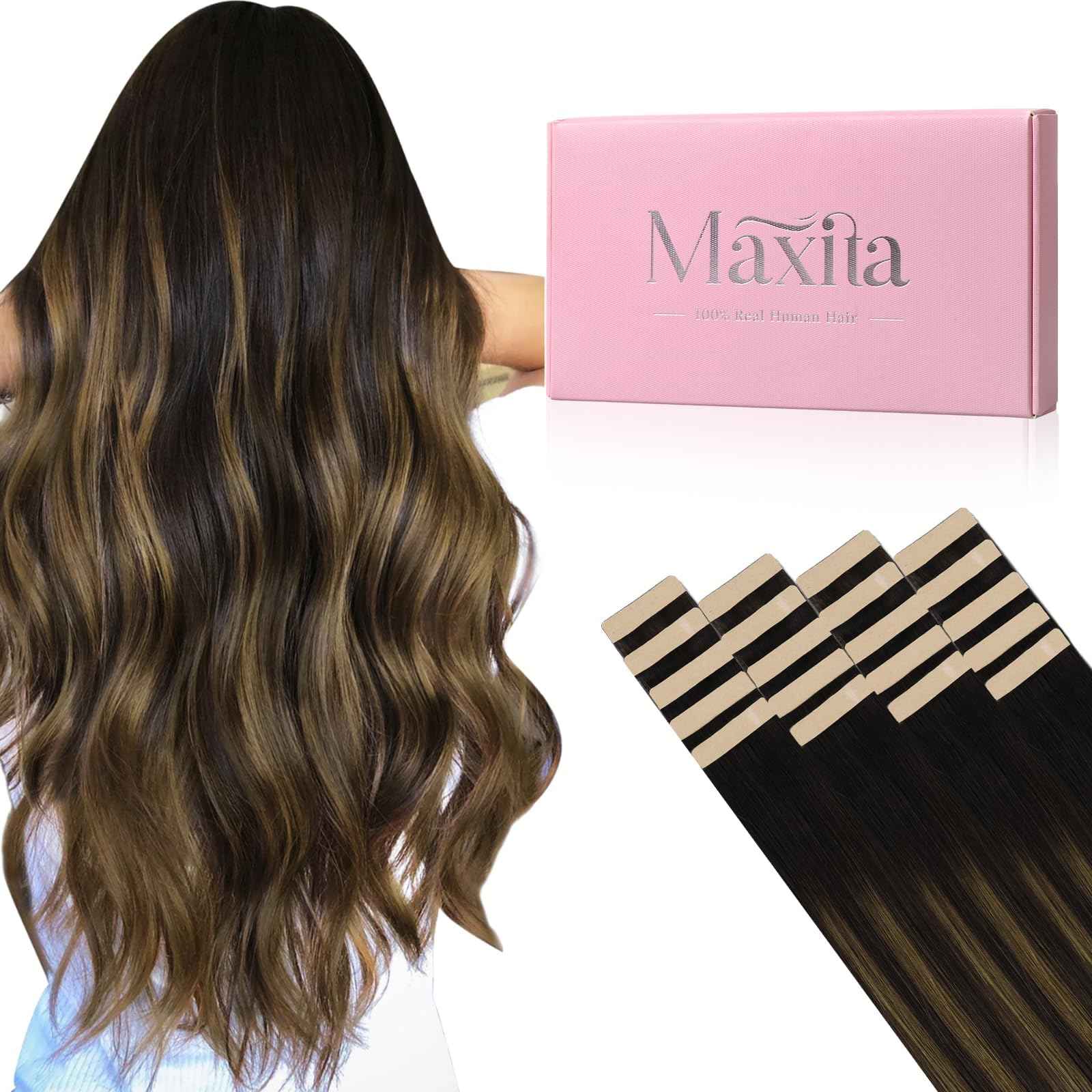 MAXITA Tape in Hair Extensions Human Hair 16 inch 50g 20pcs Balayage Dark Brown to Chestnut Brown Real Human Hair Extensions Real Remy Seamless Straight Hair Extensions for Women