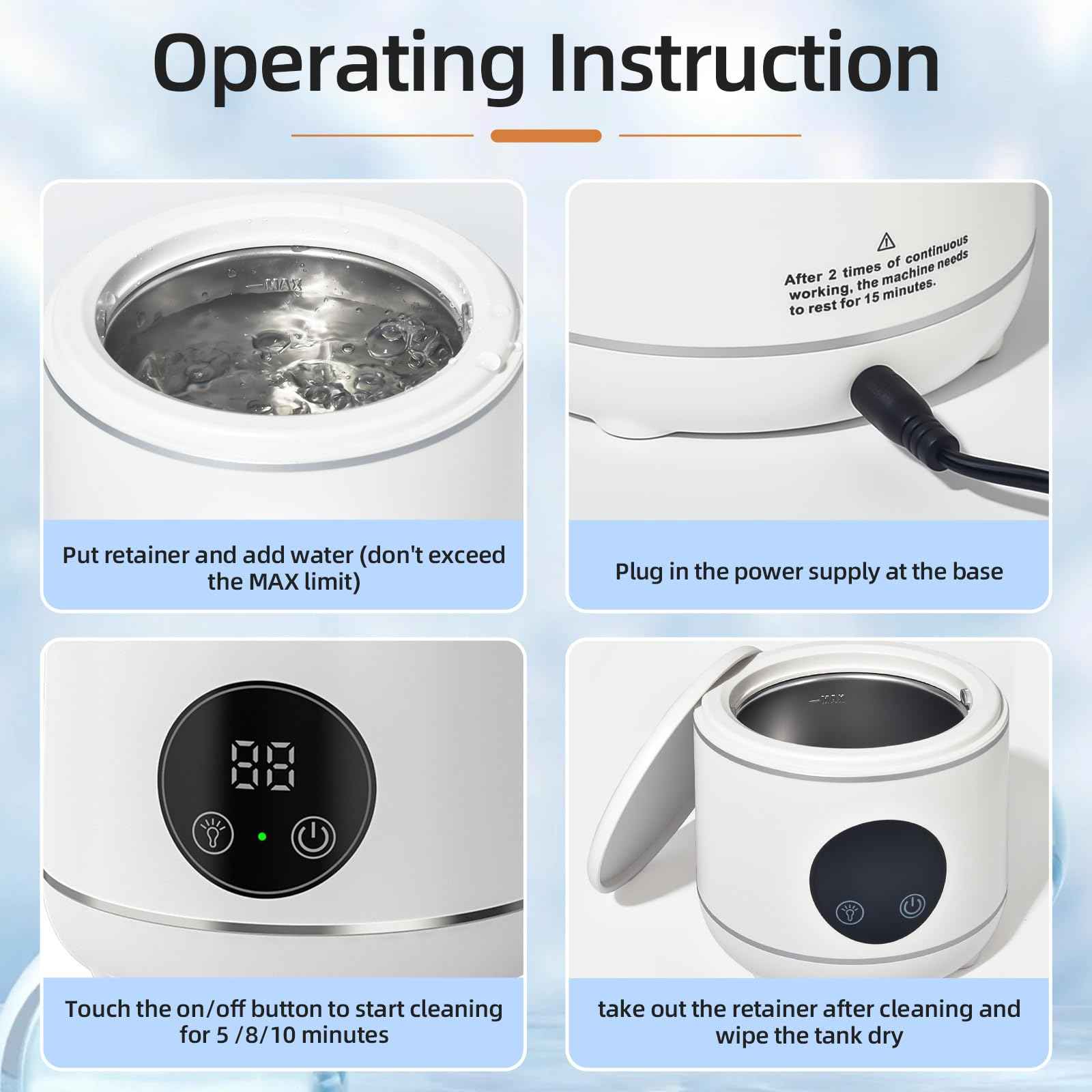 Ultrasonic Retainer Cleaner Machine, Professional Dental Appliance Cleaning Device. 3 Cleaning Modes（45khz, 20W，230ml White,YKL）
