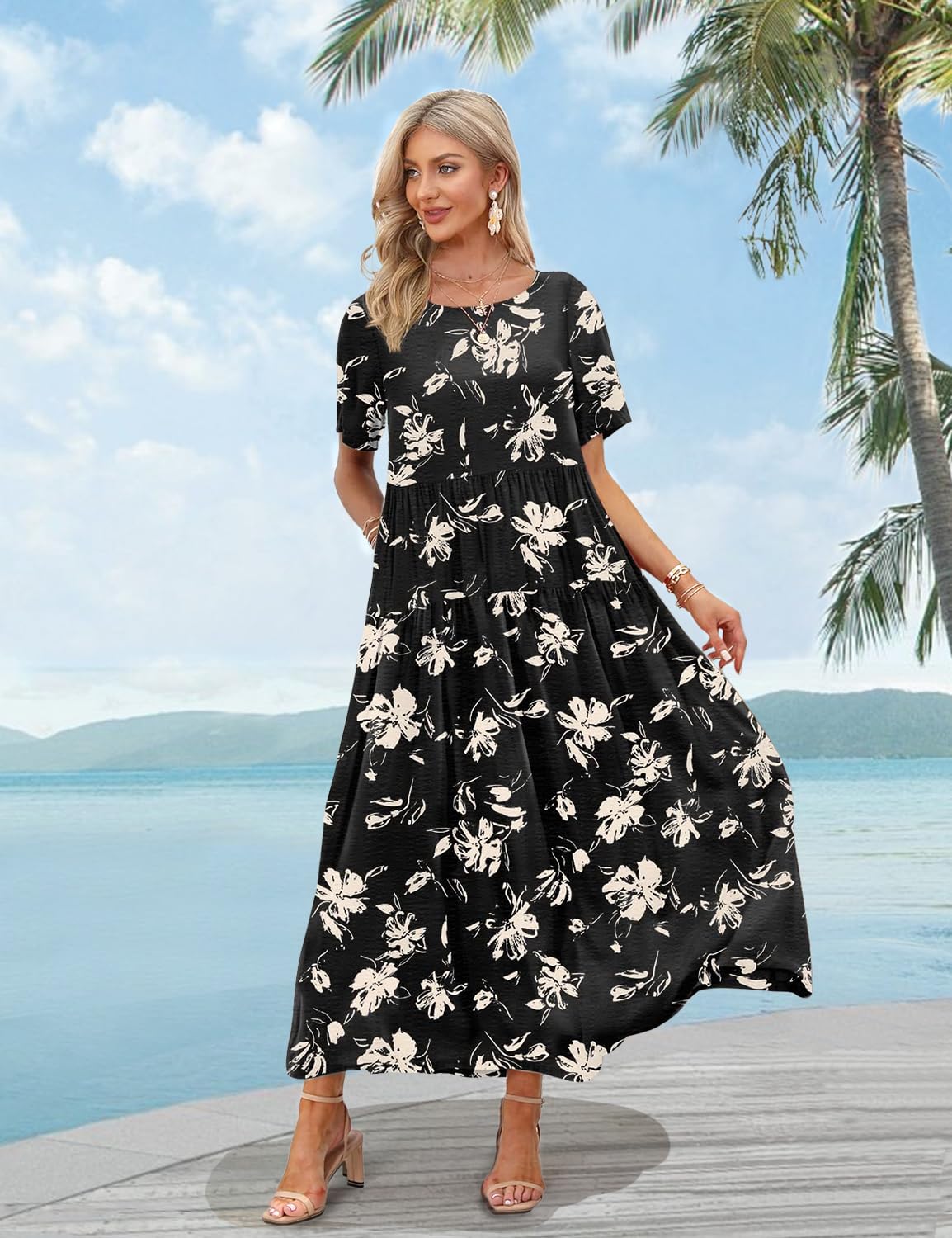 YESNO Women Casual Loose Bohemian Floral Dress with Pockets Short Sleeve Long Maxi Summer Beach Swing Dress S EJF CR346