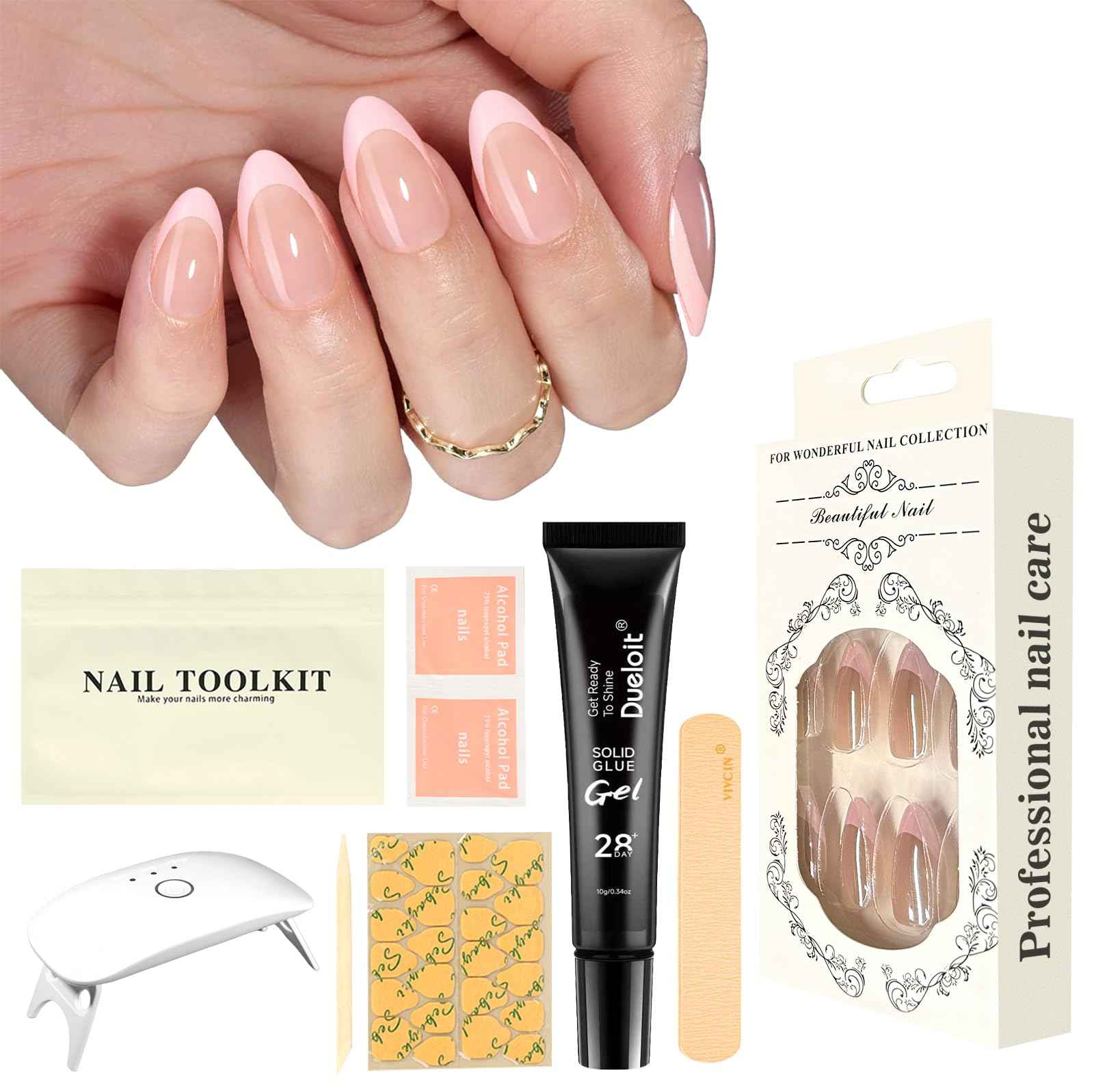 16-size Pink French Almond-Shaped Press-On Nails Kit with S Portable 12W LED Nail Lamp, and Tool Set—Ultimate Combo for Enhanced Durability and Longevity.