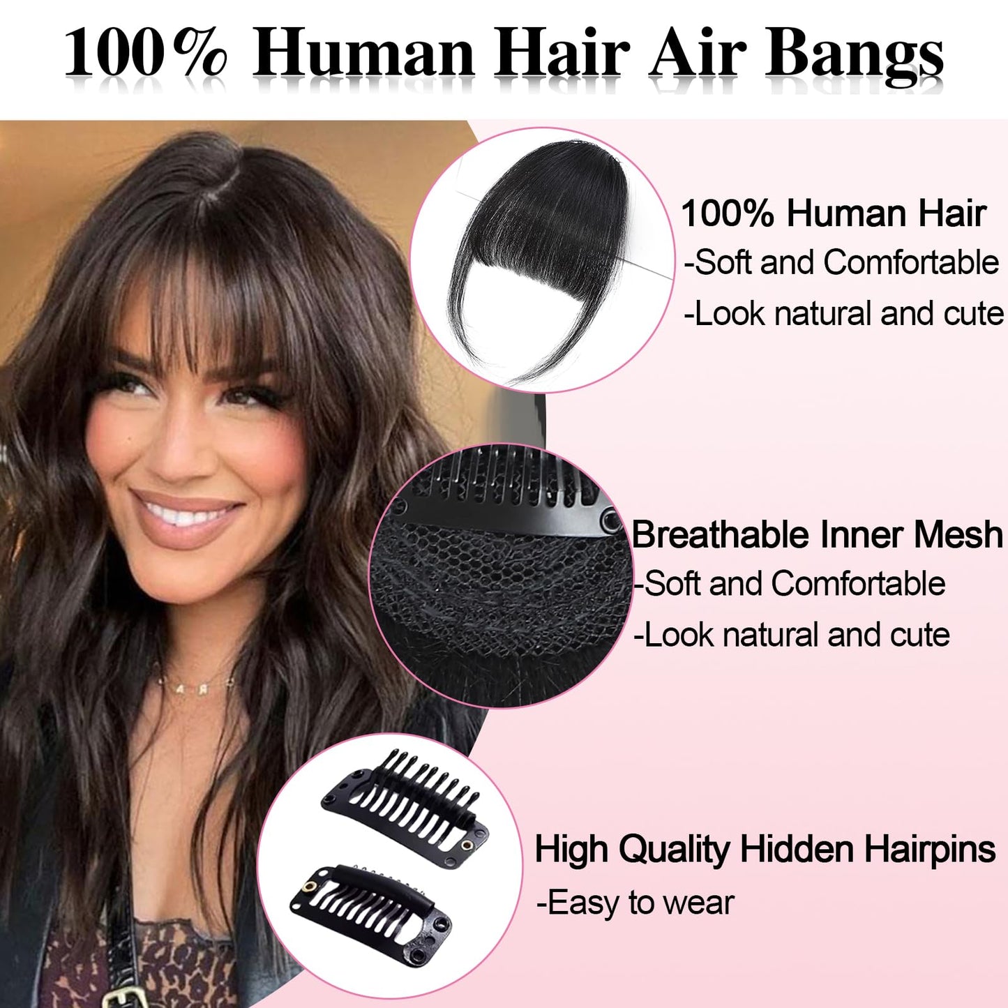 OUDIS Bangs Hair Clip in Bangs, 100% Human Hair Wispy Bangs Clip in Hair Extensions, Clip on Bangs Fringe with Temples Hairpieces for Women(Brown Black)