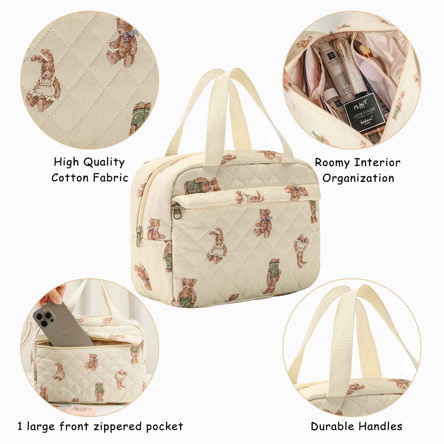 Large Size Quilted Coquette Makeup Bag, Cute Preppy Floral Cotton Travel Cosmetic Organizer Bag with Top Handle, Multi-Layer Travel Toiletry Pouch for Girls (04Bear)