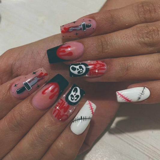 Coffin Fake Nails Medium Length Press on Nails Halloween False Nails with Ghost Knife Blood Patch Designs French Stick on Nails Full Cover Glossy Acrylic Fake Nails Horrible Halloween Artificial Nails