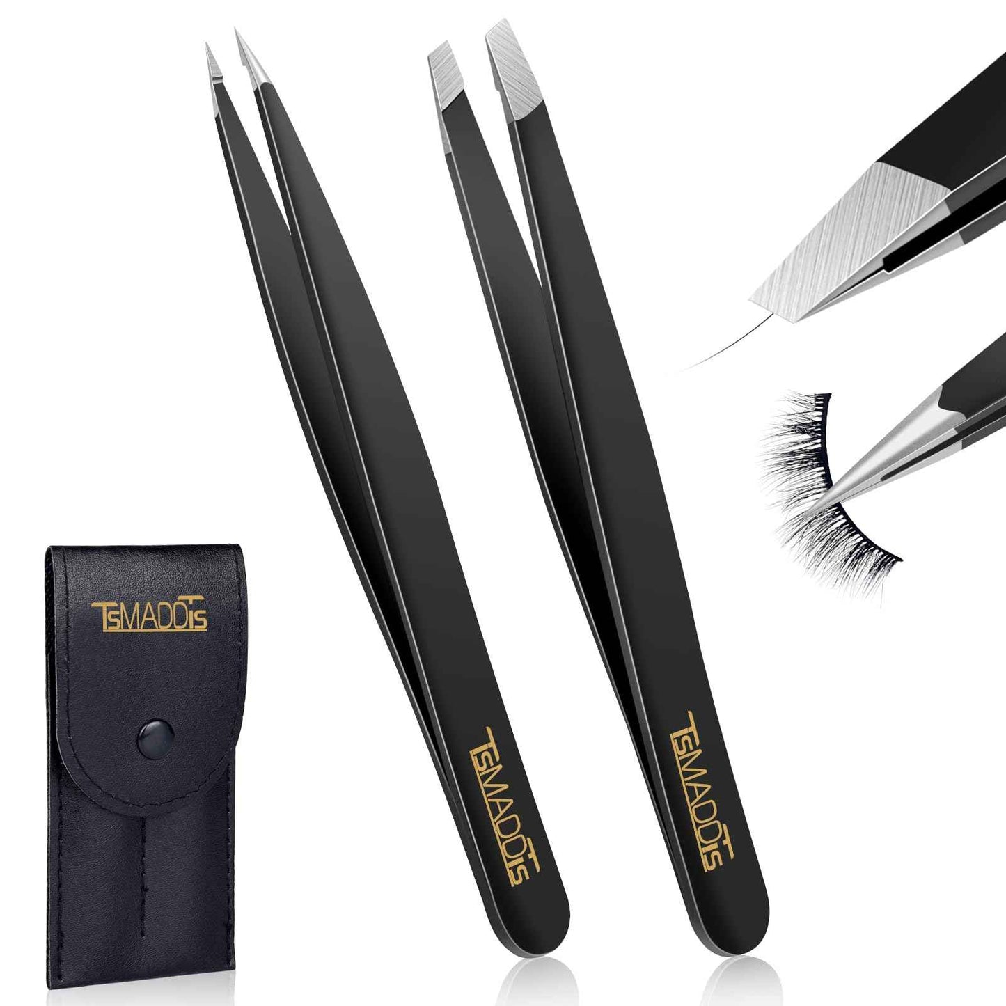 TsMADDTs Slant and Point Tip Tweezers for Women and Men, 2-Pack Professional Stainless Steel Precision Tweezers for Eyebrows, Facial Hair, Ingrown Hair Removal