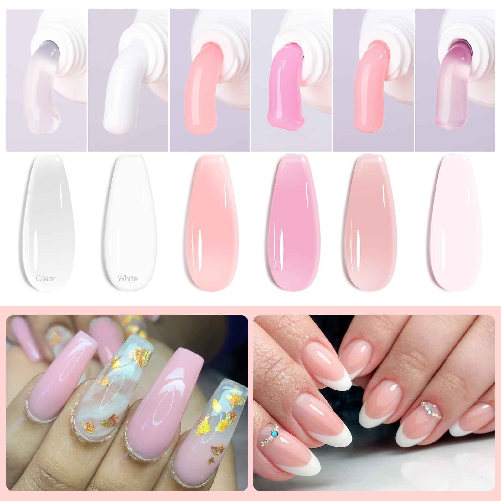 Makartt Poly Nail Gel Kit, 6 Pcs Clear Pink White Colors Builder for Extension Set, Long Lasting Hard Gel for Nails Strengther, All in One Nail Thickening Solution Kit Salon Home French Manicure