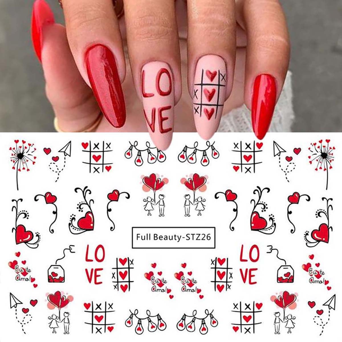 Valentine's Day Nail Stickers DIY Water Transfer Nail Stickers Heart Love Cute Bear Sexy Lips Love Letter Nail Art Design Supplies False Nail for Women Girls Decoration 12 Sheets