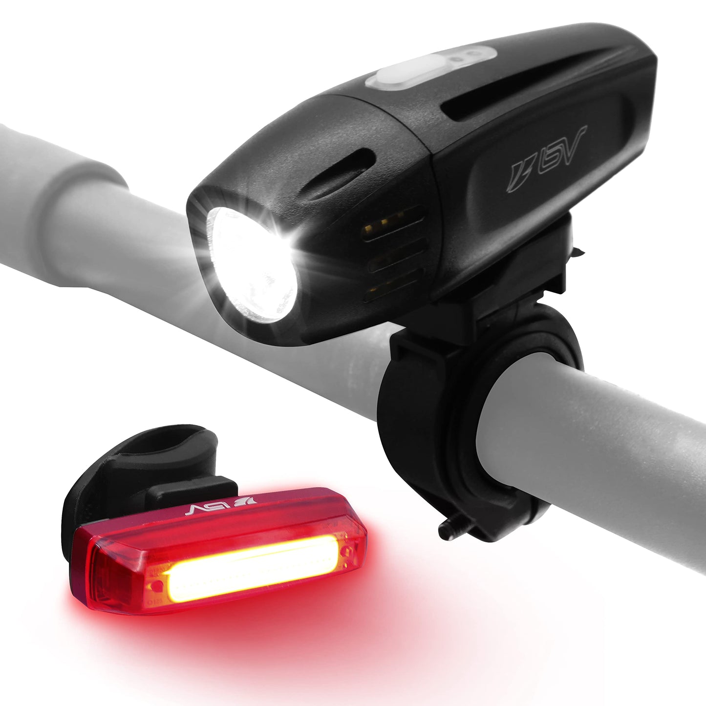 BV Super Bright Bike Light Set USB Rechargeable - Headlight & Taillight, Waterproof IP44 , 3 Light Modes Including Flash Mode for Safety, Easy to Install and Fits All Bicycles