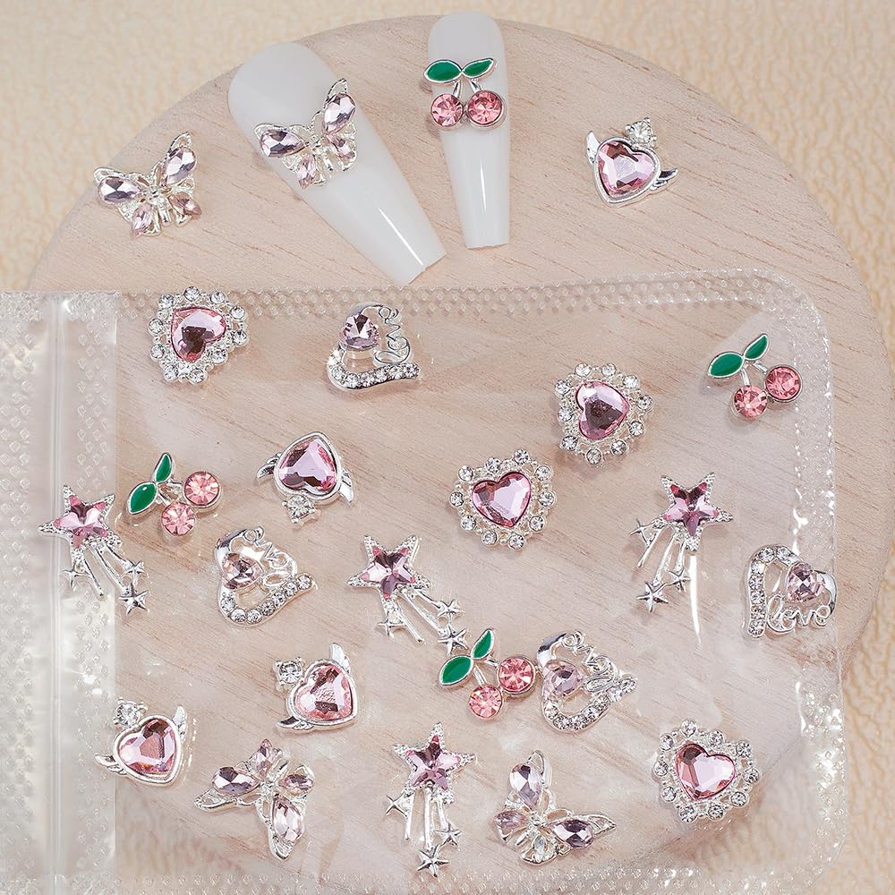 24PCS Pink and Silver Nail Charms for Acrylic Nails - Star, Cherry, Butterfly, and Heart Nail Art Decorations for DIY Manicure and Crafts