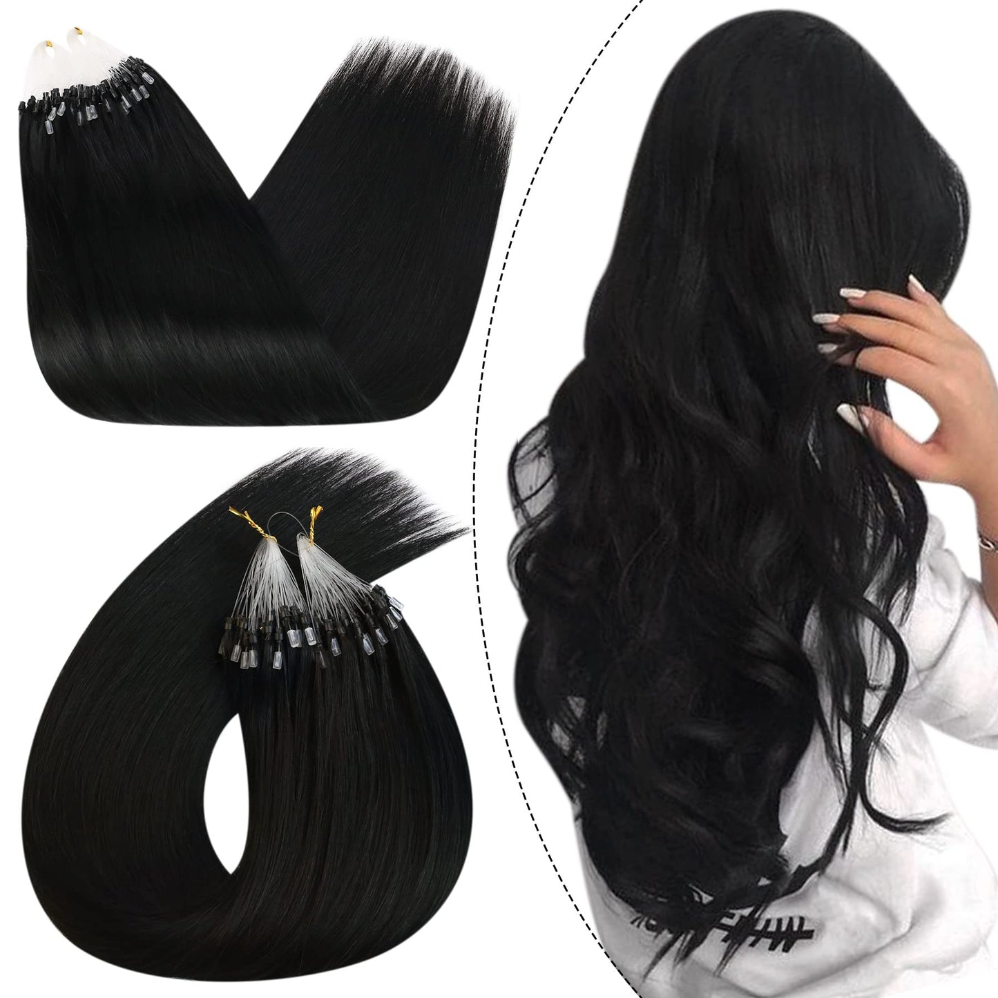 Ugeat Micro Loop Hair Extensions 16 Inch Micro Bead Extensions Human Hair 1g/Strand 50s Micro Loop Ring Human Hair Extensions #1 Jet Black Human Hair Extensions Micro Link Hair Extensions