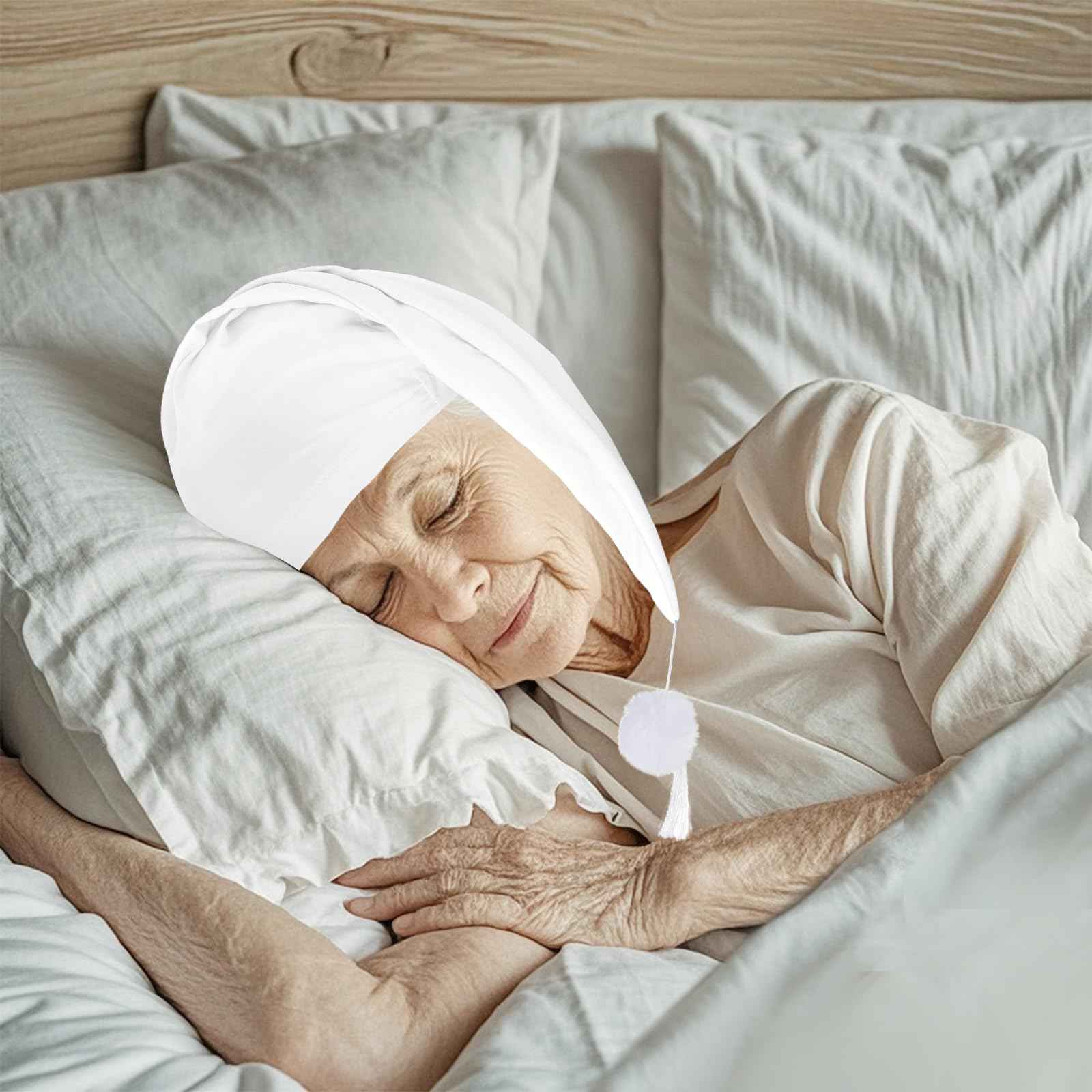 cnomg 2pcs Men's Night Sleeping Cap Adjustable Pajama Cap with Pom Ball and Tassel Women Daily Use (US, Alpha, Medium, White,white)