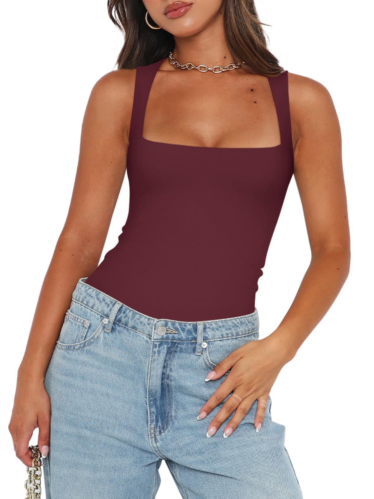 REORIA Womens Summer Sexy Sleeveless Square Neck Double Lined Going Out Cute Thong Bodysuit Tank Tops Burgundy X-Small