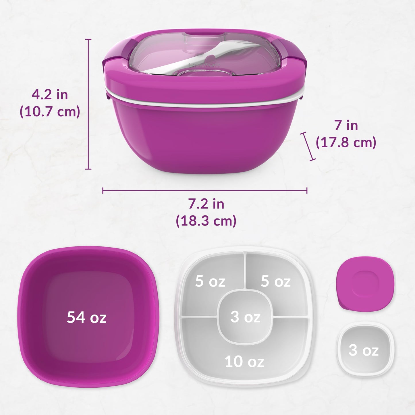 Bentgo All-in-One Salad Container - Large Salad Bowl, Bento Box Tray, Leak-Proof Sauce Container, Airtight Lid, & Fork for Healthy Adult Lunches; BPA-Free & Dishwasher/Microwave Safe (Purple)