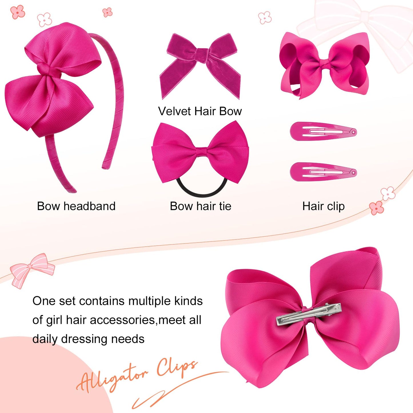 DEEKA Rose Hair Accessories Set - 15 Pieces Uniform Hair Bows, Hair Clips, Headband, Hair Ties for Little Girls - Back to School, Shocking Pink, Grosgrain Ribbon