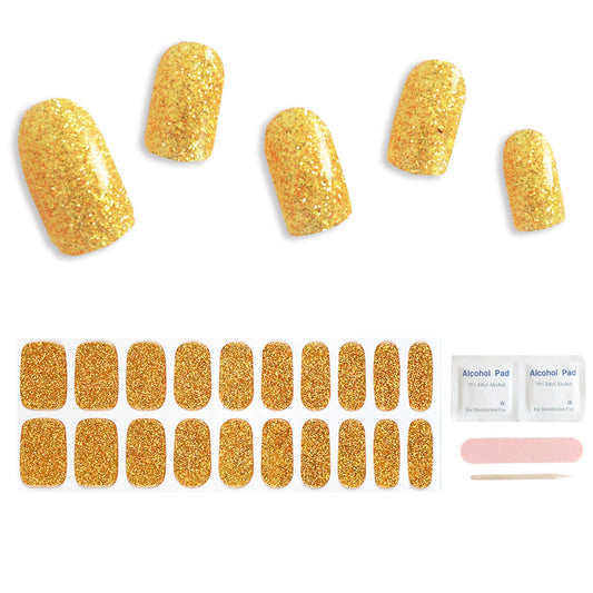 ACROIN Semi Cured Gel Nail Strips Nail Wraps 20 Stickers Need Cured, Salon-Quality, Long Lasting, Easy to Apply & Remove, Includes Cleaning Pad, Nail File, Wooden Stick - Sparkling Gold