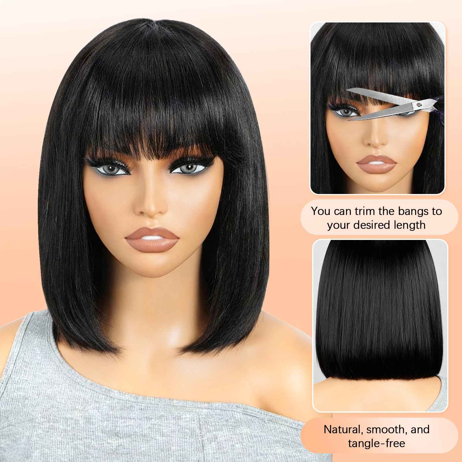 Xinjiju Black Bob Wigs Human Hair Short Wig with Bangs Straight Wigs Human Hair Glueless Wear and Go 150% Density Wigs for Women Daily Use 10 Inch