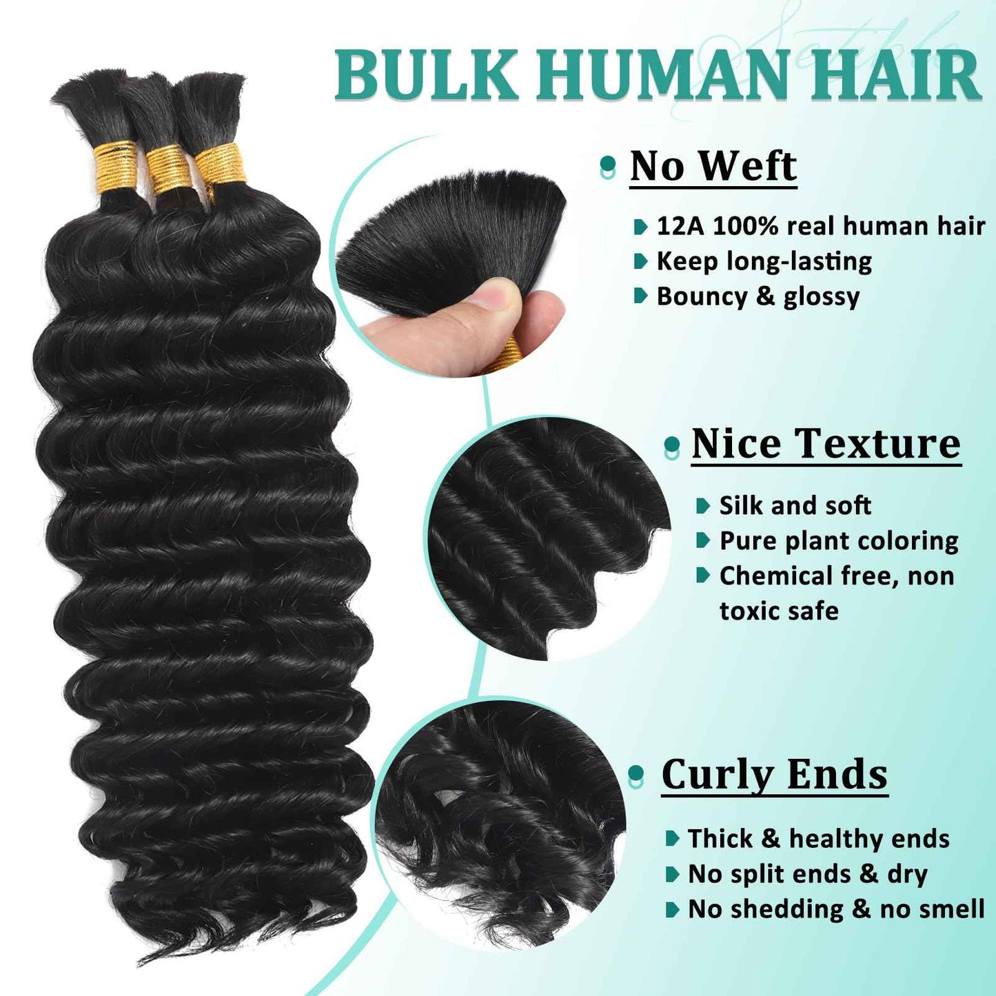 Human Braiding Hair for Boho Braids 18 Inch 120g Deep Wave Bulk Boho Human Hair for Braiding Curly Knotless Bohemian Braids 12A 100% Brazilian Virgin No Weft Extensions 3 Bundles/Pack Natural Black 1B