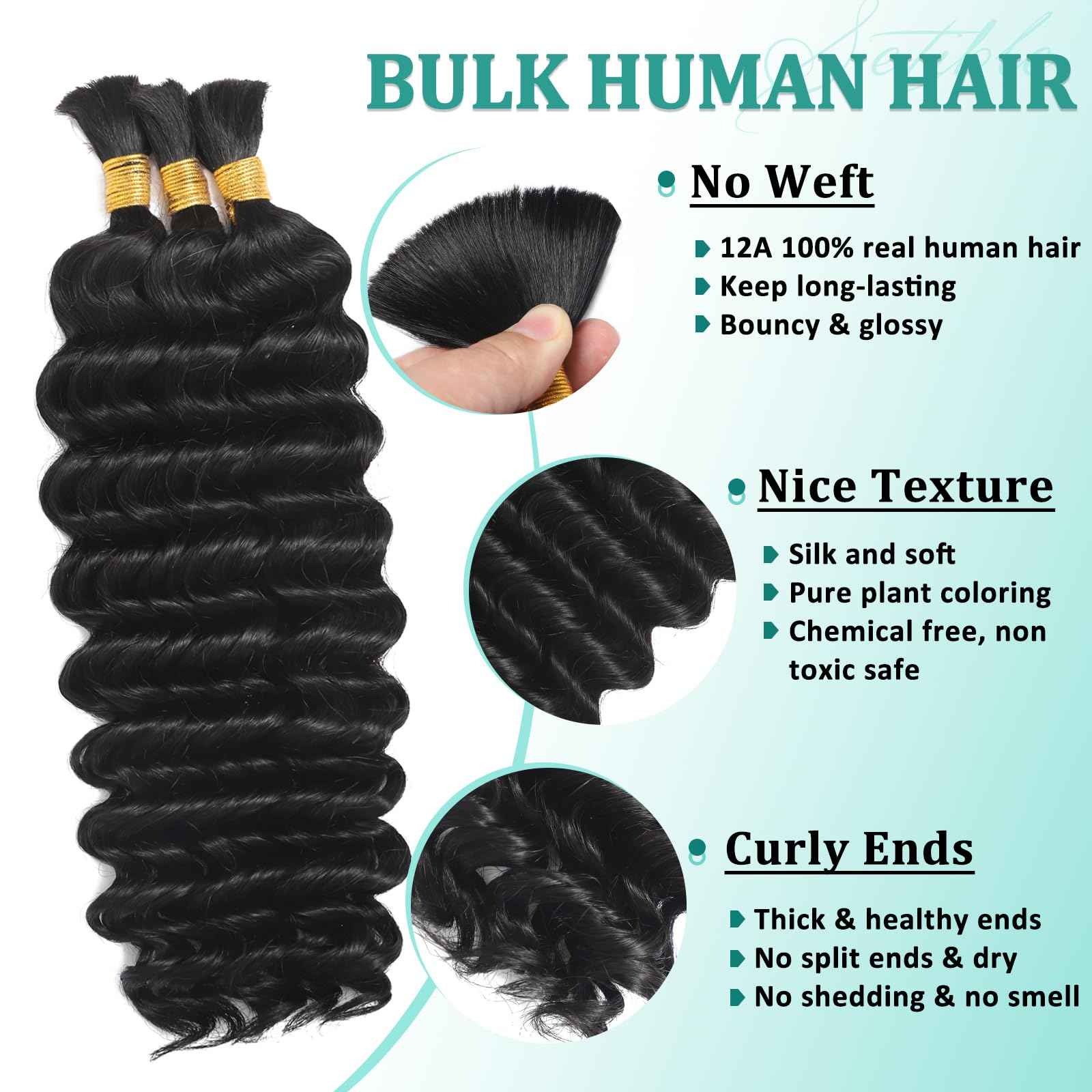 Human Braiding Hair for Boho Braids 18 Inch 120g Deep Wave Bulk Boho Human Hair for Braiding Curly Knotless Bohemian Braids 12A 100% Brazilian Virgin No Weft Extensions 3 Bundles/Pack Natural Black 1B