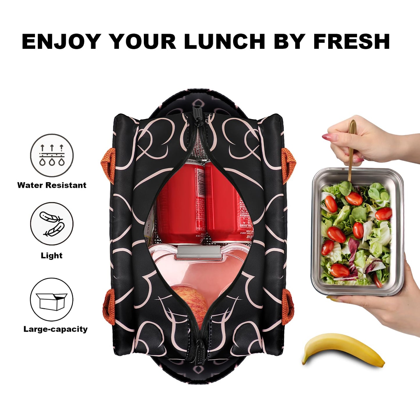 Joymee Lunch Bag Women Insulated Lunch Box Reusable Leakproof Large Spacious Cooler Tote for Women Men Adult with Bottle Holder and Side Pockets for Work Office Travel Picnic - Love Heart