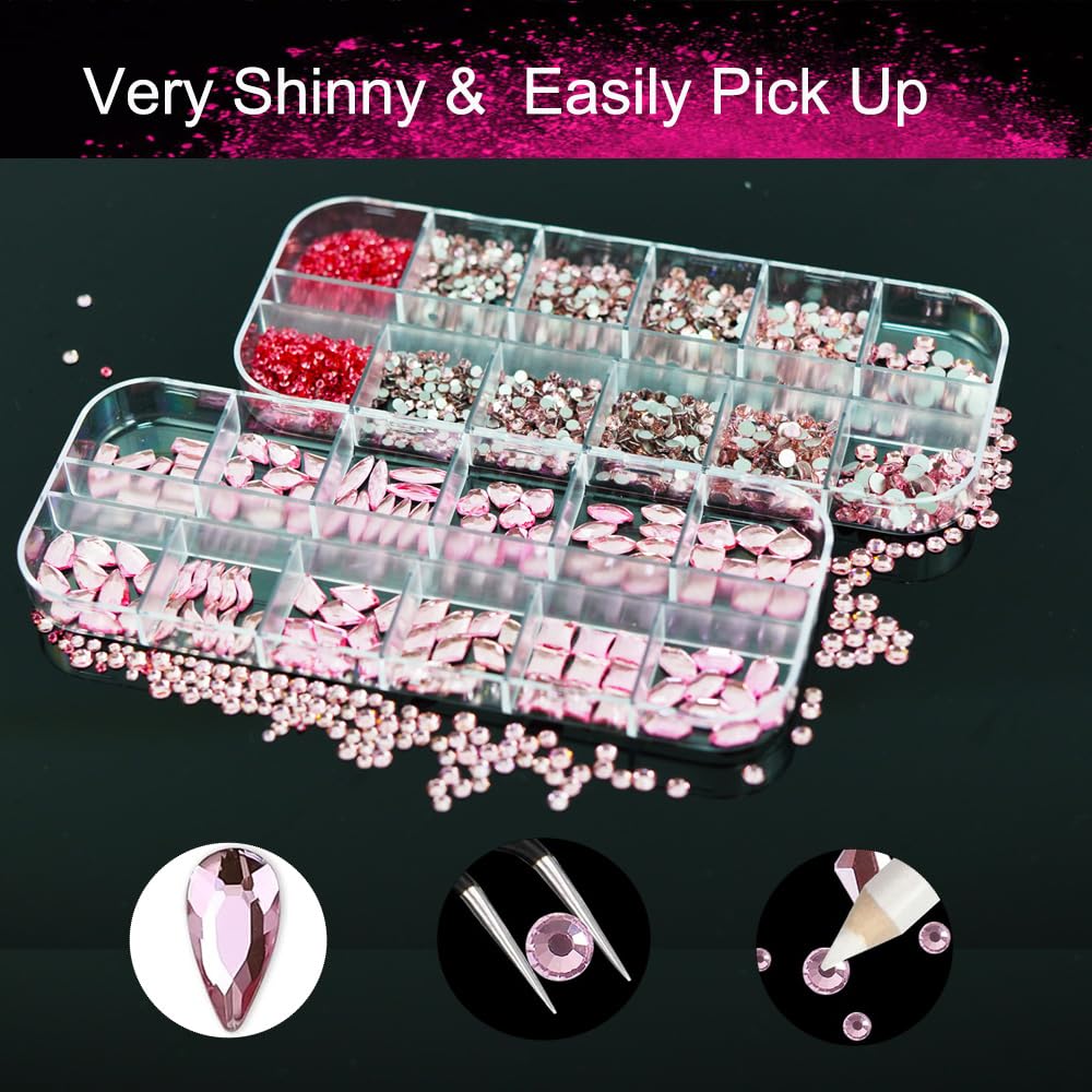 2680Pcs Pink Rhinestones Nail Gems, 120pcs Big Pink Nails Charms with Pink Bling Flatback Round Beads, Light Pink Clear Diamond Stones Jewelry Supplies for DIY Face Eyes Makeup Crafts Decoration