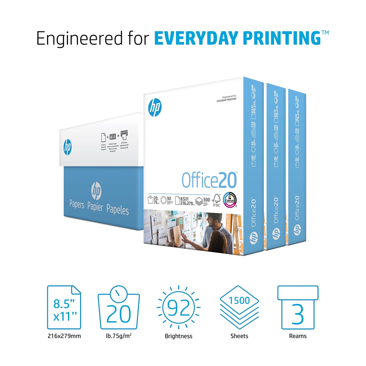 HP Printer Paper | 8.5 x 11 Paper | Office 20 lb | 3 Ream Case - 1500 Sheets | 92 Bright | Made in USA - FSC Certified | 112090C, White