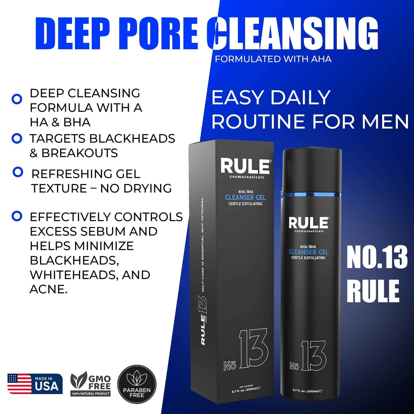 RULE COSMECEUTICALS - No.13 AHA BHA Cleanser, Exfoliating Face Wash for Smooth Skin & Pores, Gentle Facial Exfoliator for Redness & Blackheads, Hydrating pH-Balanced Gel, Oily & Sensitive Skin, 200 mL