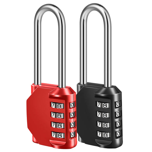 Combination Lock, 4 Digit Combination Padlock for School Gym Sports Locker, Fence, Toolbox, Case, Hasp Cabinet Storage (Long Shackle, 2 Pack, Red & Black)