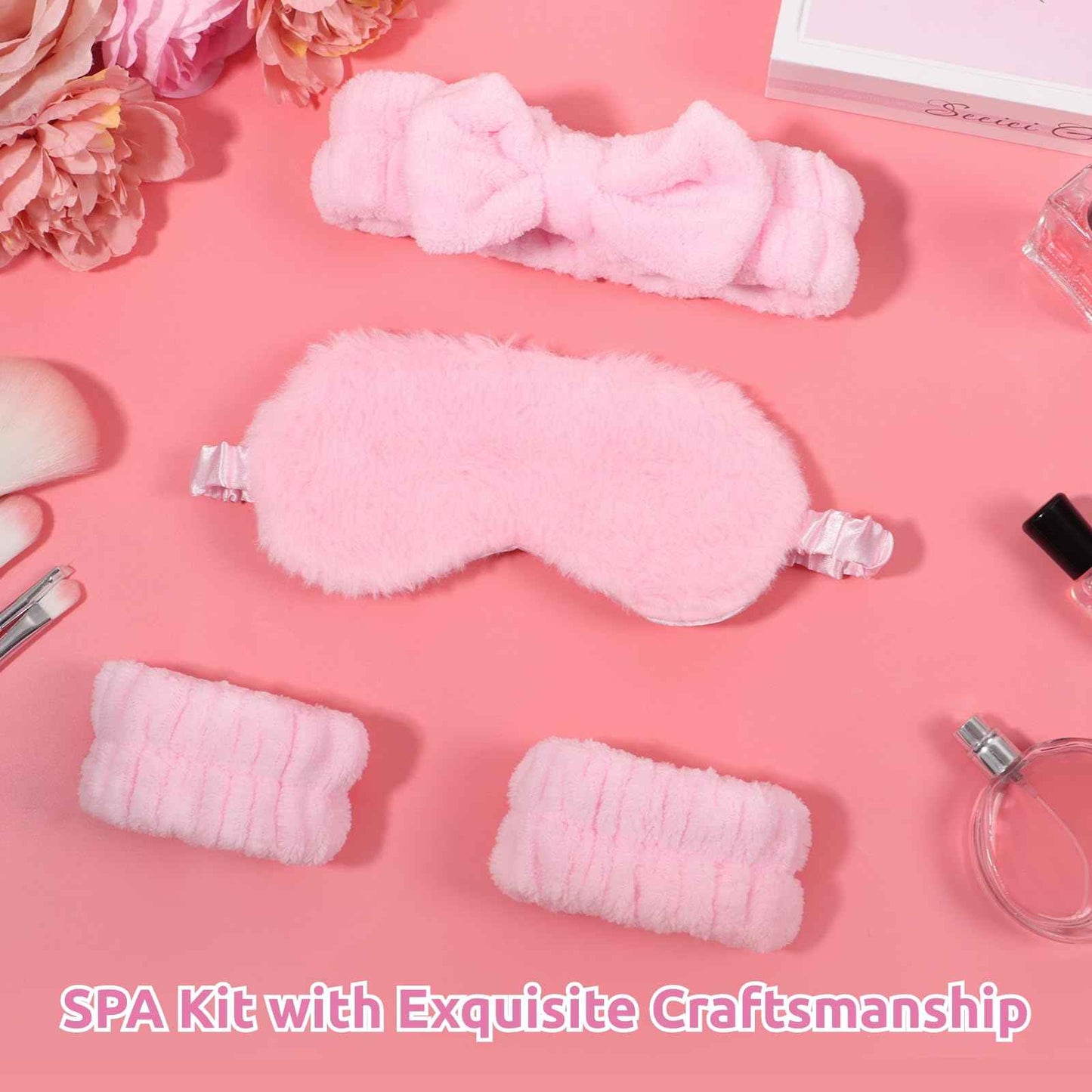 Lnrueg 48Pcs SPA Kit-12Pcs Spa Headband Bow + 24 Wrist Washband + 12 Sleep Eye Masks, Pink Party Supplies for Girls Women Birthday Sleepover Party Favors