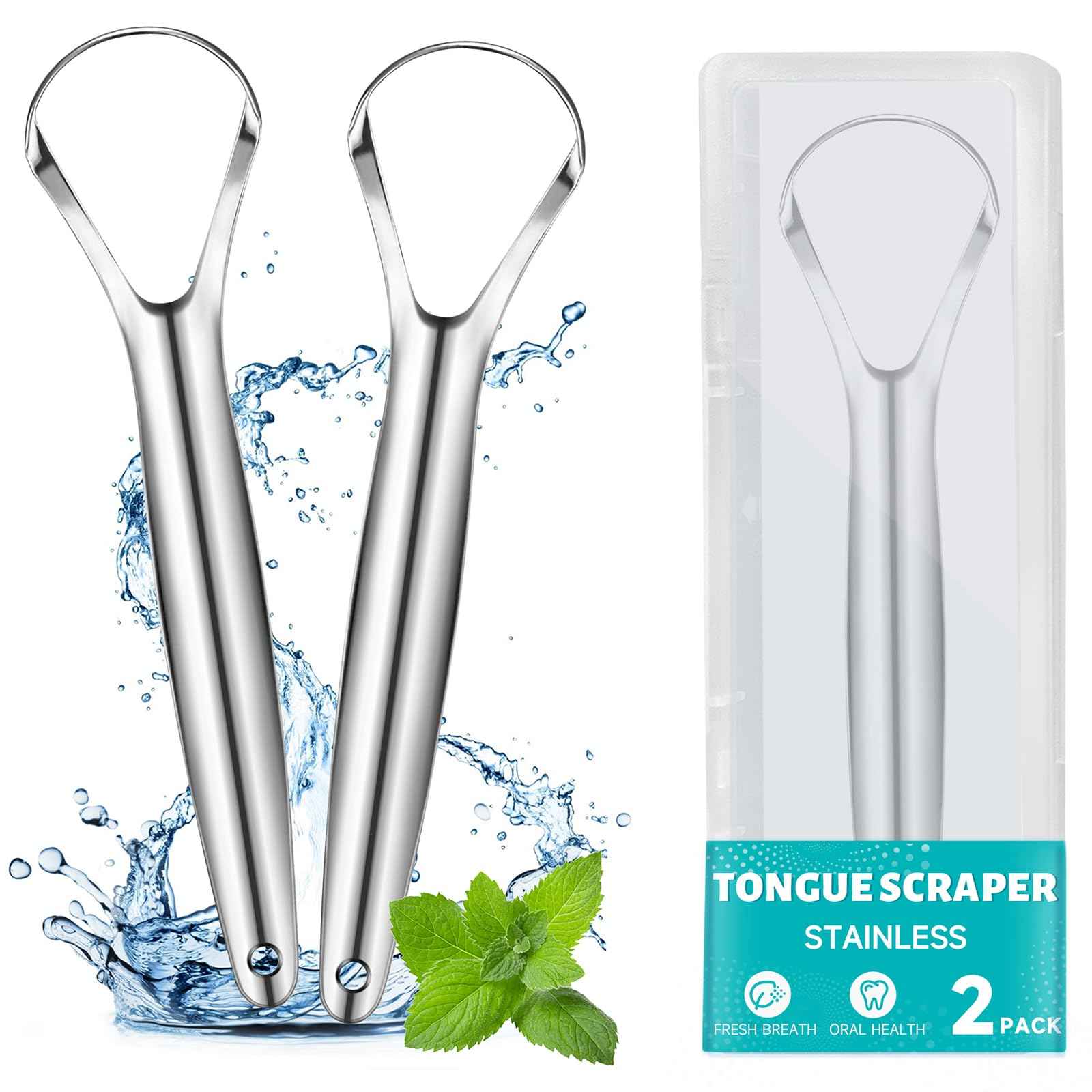 EZ COZY 2 Pack Tongue Scraper for Adults, Reduce Bad Breath, Tongue Cleaner with Travel Case, Stainless Steel Tongue Scrapers, Tongue Brush, Tongue Scrubber for Oral Care & Hygiene