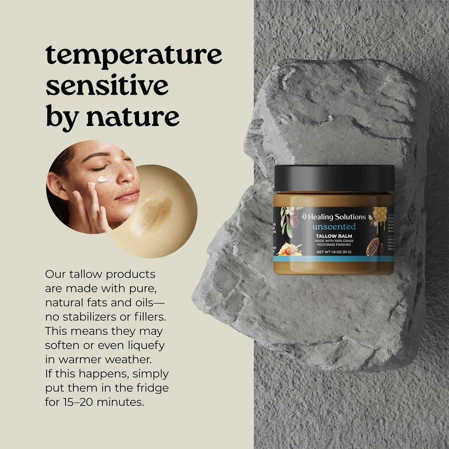 Healing Solutions - Beef Tallow and Honey Balm for Face (1.8oz), 100% Grass Fed/Grass Finished Beef Tallow with Manuka Honey for Skin, Made in USA, Unscented All Natural Moisturizing Skincare