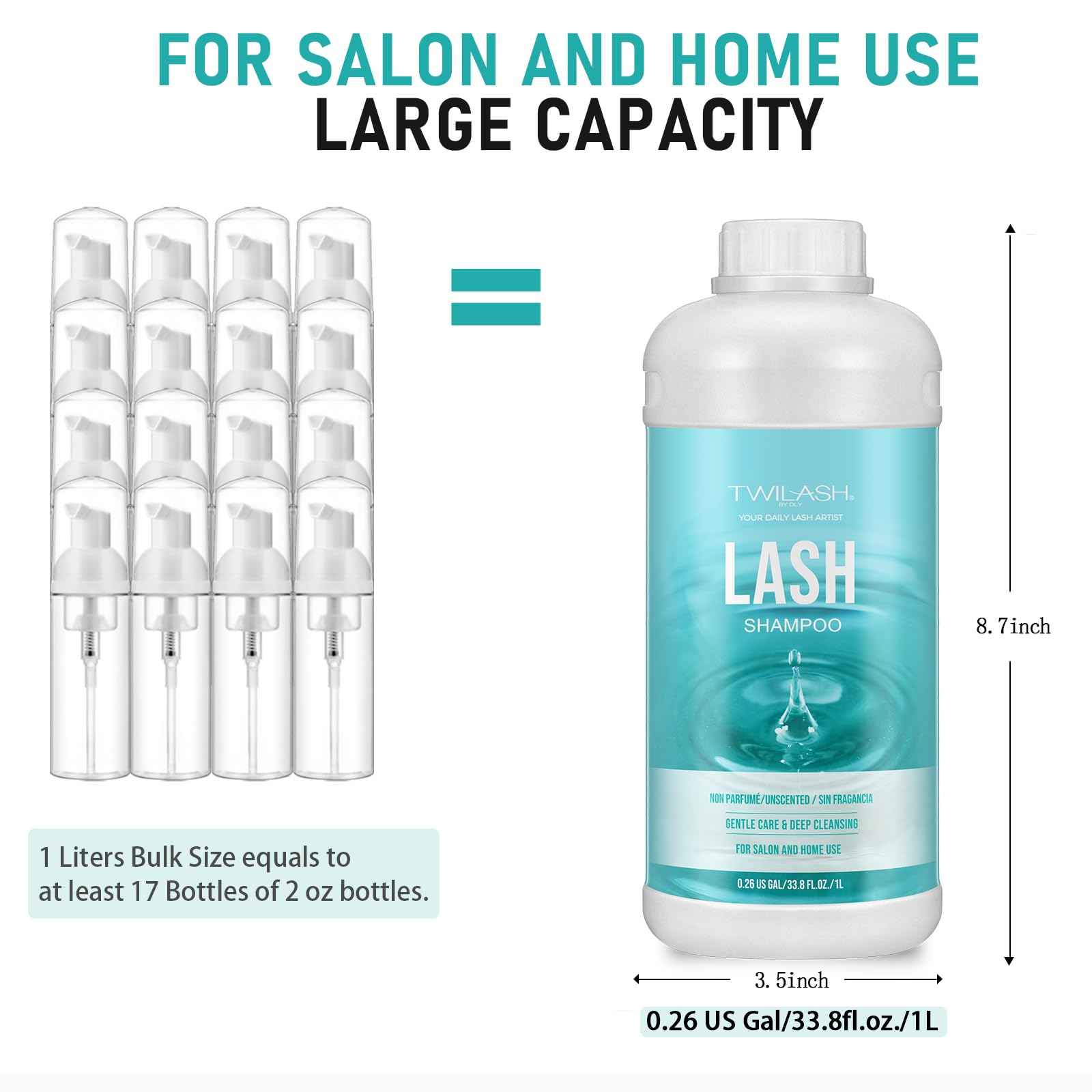 Lash Shampoo Bulk, Eyelash Cleanser for Extensions 1 Liter, Safe Makeup Remover, Non-irritating or Burning Formula Eyelid Foaming Cleanser for Professional Salon and Home Use (Unscented-1L)